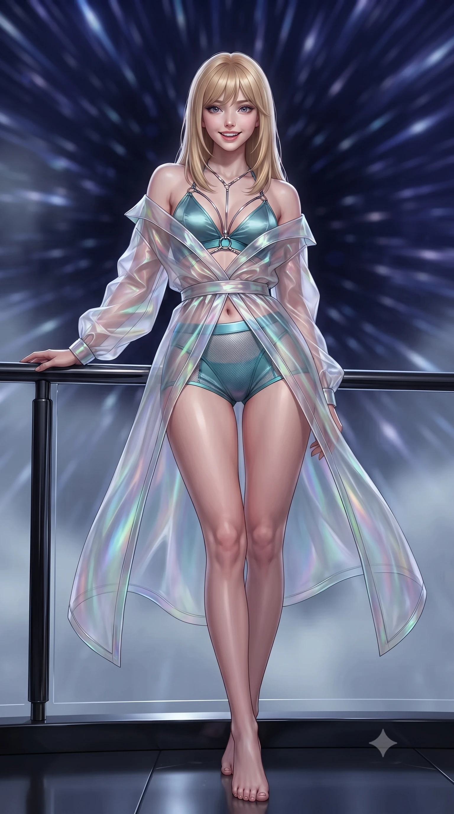 score_9, masterpiece, best quality, ultra-detailed, high-budget anime keyframe, editorial fashion photography, tasteful artistic composition, Japanese woman. low angle full-body shot from head to toe showing her feet, filling the entire 9:16 vertical frame with her statuesque presence, stretching her vertical silhouette. stepping slowly toward the camera with hypnotic grace, hips swaying in an alluring sensual rhythm that accentuates her curvy hourglass silhouette and long slender legs while leaning against the black chrome balustrade with hips cocked back, looking through the deep indigo void at the shimmering hyperspace warp gate with intoxicating smoldering bedroom-eyes. The background shows a soft-focus faint pressurized ozone vapor softened in supreme command balcony shallow focus. She has an exceptionally tall and slender model-like 8.5-heads proportion, an ultra-slim waist, a flat toned midriff, narrow delicate ribcage, and beautifully sculpted feminine hips creating a graceful, slim hourglass silhouette without any bulky heaviness, with impossibly long slender legs. sharp v-shaped jawline, high-bridge nose, intricate jewel-like sparkling eyes with depth, thick eyelashes, glossy parted lips with a natural peach sheen, bright cheerful beaming smile with an enchanting and coquettish sensual glint, exuding both youthful cute charm and seductive allure, flawlessly proportioned anatomical accuracy, strict slender model proportions, natural body alignment, perfectly sculpted long slender limbs, ultra-slim waistline, clean dynamic posture without body distortion. wearing a translucent iridescent organza tactical robe slipping off bare shoulders over a matching satin micro-bralette and combat shorts in Europa abyssal turquoise and ice-shelf diamond, woven from fine semi-opaque stretch illusion mesh tracing her slender contours, accented with a chrome-drop body harness subtly framing her dewy collarbones and spine, the high-slit wrap tailoring accentuating her ultra-slim waistline and the enchanting curve of her feminine hips with alluring seductive charm. illuminated by dark obsidian deck bounce and sharp indigo-platinum rim lights defining her razor-sharp jawline, narrow waist, and curvy hips. ultra-reflective glossy finish, specular highlights, rich textural contrasts, high-contrast stereoscopic depth, volumetric dynamic lighting, 2k, ultra detail, master piece, 9:16 ratio