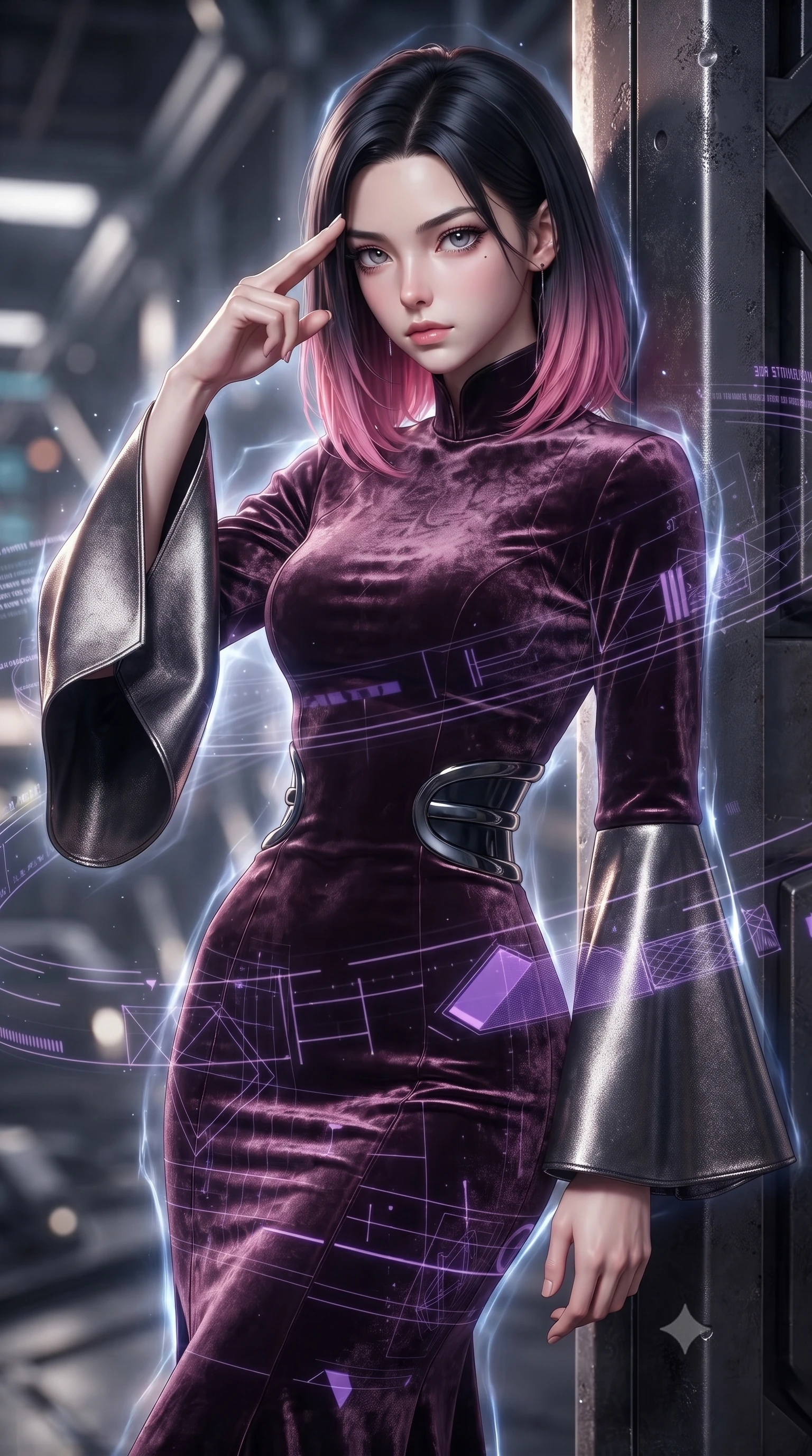 score_9, masterpiece, best quality, ultra-detailed, high-budget anime keyframe, editorial fashion photography, tasteful artistic composition, Korean woman. close-up cowboy shot from the waist and thighs up, the character dominates the composition, filling the frame with her large presence, background elements kept in soft focus. Pressing two fingers to her temple in a composed, sharp thoughtful gesture, resting against a dark metallic pillar as holographic data streams orbit her form, laser grid lines casting geometric violet patterns across her sleek gown. She has an exceptionally elegant, slender, and willowy female figure with an ultra-slim waist, a gracefully sculpted slender torso, and a refined silhouette. sharp v-shaped jawline, high-bridge nose, intricate jewel-like eyes with depth, thick eyelashes, glossy lips with a natural sheen. wearing gothic high-collar dark plum silk evening gown with bell sleeves in metallic dark silver, made of crushed dark silk velvet, accented with sculpted obsidian chrome rings at the waist, following her slender form with tailored precision. surrounded by a glowing matrix aura with sharp edge highlights. ultra-reflective glossy finish, specular highlights, metallic sheen, high-contrast stereoscopic depth, volumetric dynamic lighting, 2k, ultra detail, master piece, 9:16 ratio