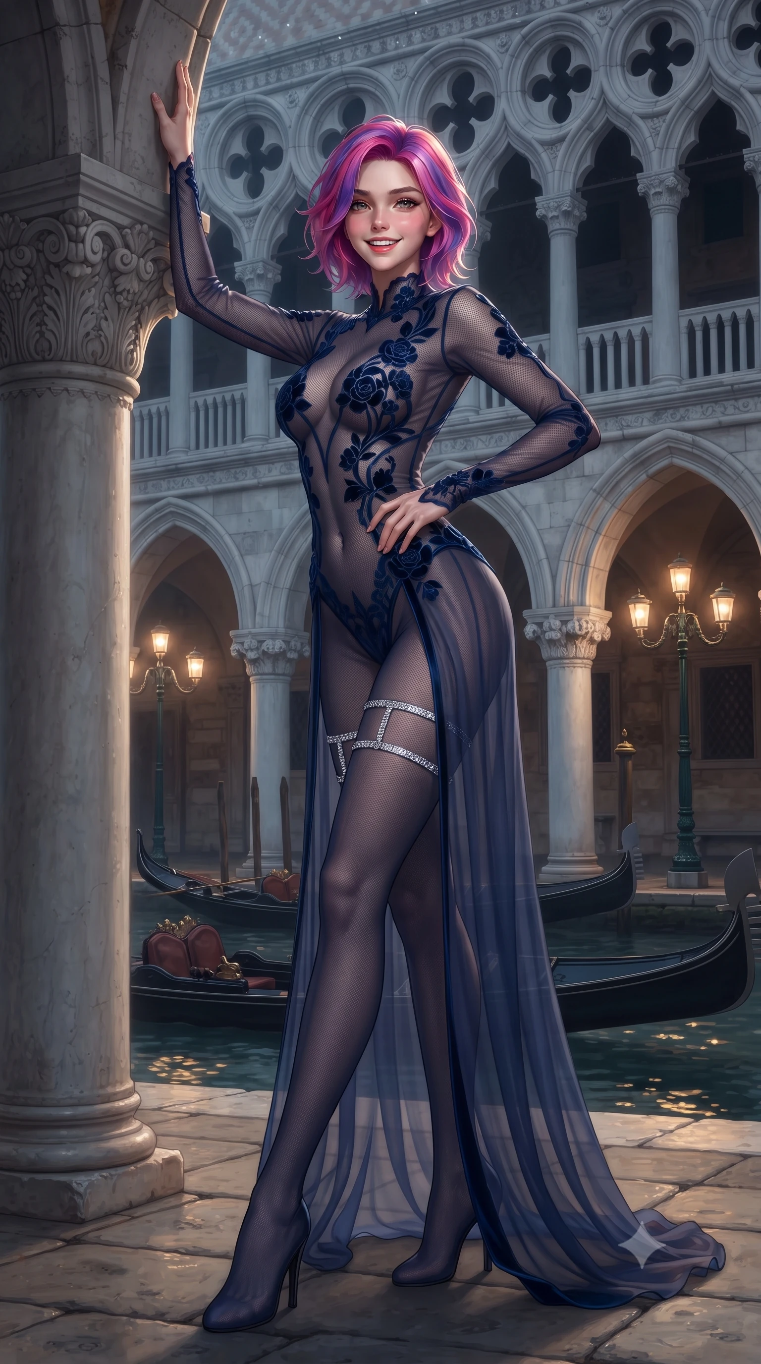 score_9, masterpiece, best quality, ultra-detailed, high-budget anime keyframe, editorial fashion photography, tasteful artistic composition, Caucasian woman. low angle full-body shot from head to toe showing her feet, filling the entire 9:16 vertical frame with her statuesque presence, stretching her vertical silhouette. standing tall beside the architectural column, one hand resting high while arching her lower back to emphasize her sculpted feminine hips and slender waist while standing poised between pointed Venetian gothic marble arches, arching her back with timeless siren allure as black gondolas glide past below. The surrounding environment is rendered in vivid detail and crisp panoramic clarity: detailed sheer illusion mesh gown weave, velvet ribbon piping, and master Venetian stonework in razor-sharp precision. She has an exceptionally tall and slender model-like 8.5-heads proportion, an ultra-slim waist, a flat toned midriff, narrow delicate ribcage, and beautifully sculpted feminine hips creating a graceful, slim hourglass silhouette without any bulky heaviness, with impossibly long slender legs. sharp v-shaped jawline, high-bridge nose, intricate jewel-like sparkling eyes with depth, thick eyelashes, glossy parted lips with a natural peach sheen, bright cheerful beaming smile with an enchanting and coquettish sensual glint, exuding both youthful cute charm and seductive allure, flawlessly proportioned anatomical accuracy, strict slender model proportions, natural body alignment, perfectly sculpted long slender limbs, ultra-slim waistline, clean dynamic posture without body distortion. wearing a provocative sheer mesh catsuit with strategic velvet floral appliqués contouring her slender hourglass frame in moonlit Grand Canal sapphire navy and liquid platinum, made of sheer gossamer chiffon that drapes softly against skin with airy translucence, finished with delicate crystal-encrusted thigh garter straps glinting in the dim light, the glove-like clinging cut tightly following the natural contour of her hips and long slender legs with youthful 8.5-heads elegance. bathed in the flickering golden glow of historic gas-lamp style canal lanterns mixed with ethereal silver moonlight. ultra-reflective glossy finish, specular highlights, rich textural contrasts, high-contrast stereoscopic depth, volumetric dynamic lighting, 2k, ultra detail, master piece, 9:16 ratio