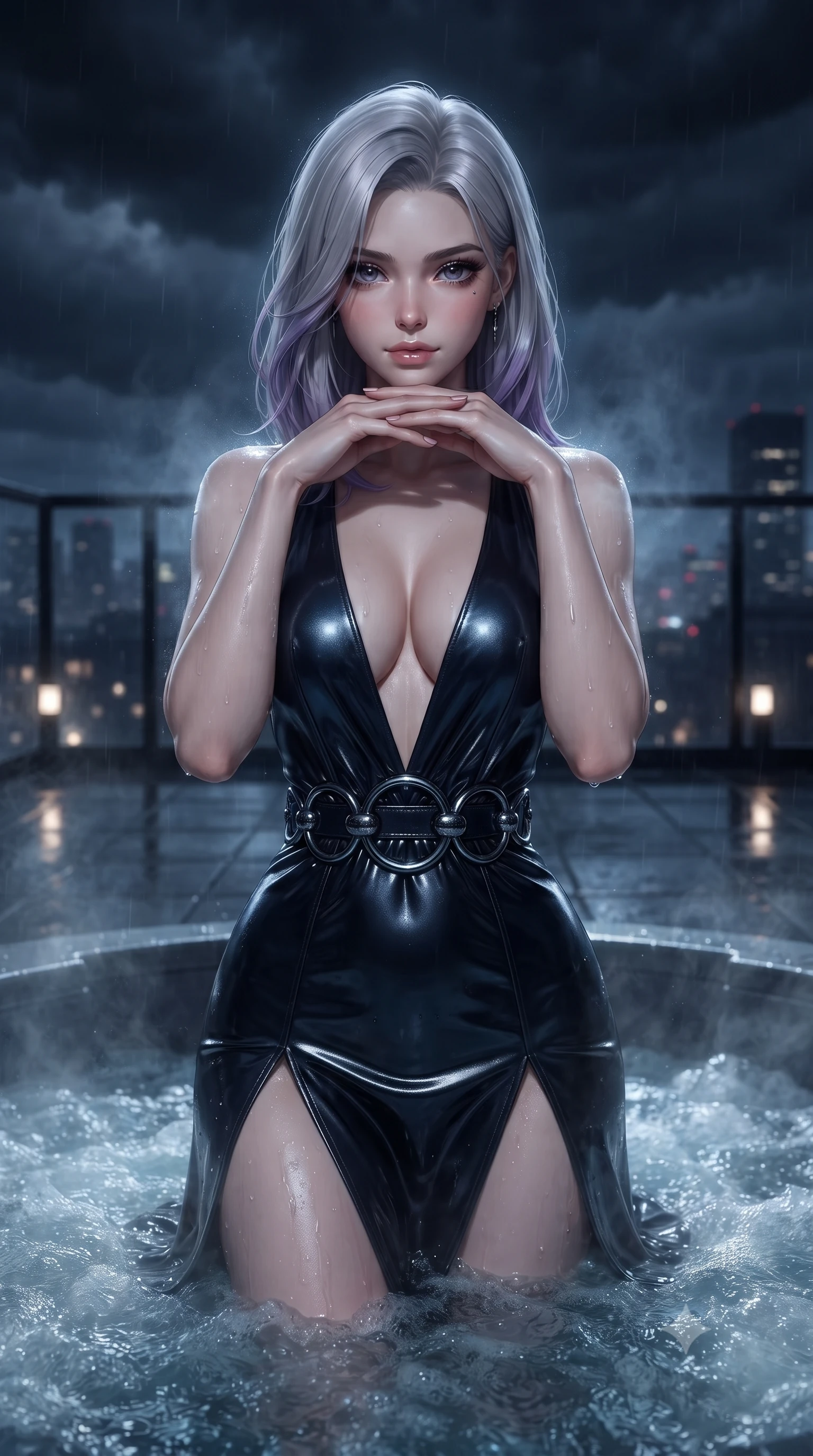 score_9, masterpiece, best quality, ultra-detailed, high-budget anime keyframe, editorial fashion photography, tasteful artistic composition, Caucasian woman. close-up cowboy shot from the waist and thighs up, the character dominates the composition, filling the frame with her large presence, background elements kept in soft focus. Resting her chin on the backs of her fingers with an air of effortless superiority, immersed to the waist in bubbling jacuzzi water under a midnight stormy sky, cool night mist drifting gently across the dark rooftop terrace. She has an exceptionally elegant, slender, and willowy female figure with an ultra-slim waist, a gracefully sculpted slender torso, and a refined silhouette. sharp v-shaped jawline, high-bridge nose, intricate jewel-like eyes with depth, thick eyelashes, glossy lips with a natural sheen. wearing deep plunging V-neckline midnight gown with daring high thigh slit in midnight navy blue, made of polished black leather, accented with sculpted obsidian chrome rings at the waist, accentuating her gracefully sculpted slender torso. bathed in wet nocturnal reflections against deep dark pitch-black shadows. ultra-reflective glossy finish, specular highlights, metallic sheen, high-contrast stereoscopic depth, volumetric dynamic lighting, 2k, ultra detail, master piece, 9:16 ratio