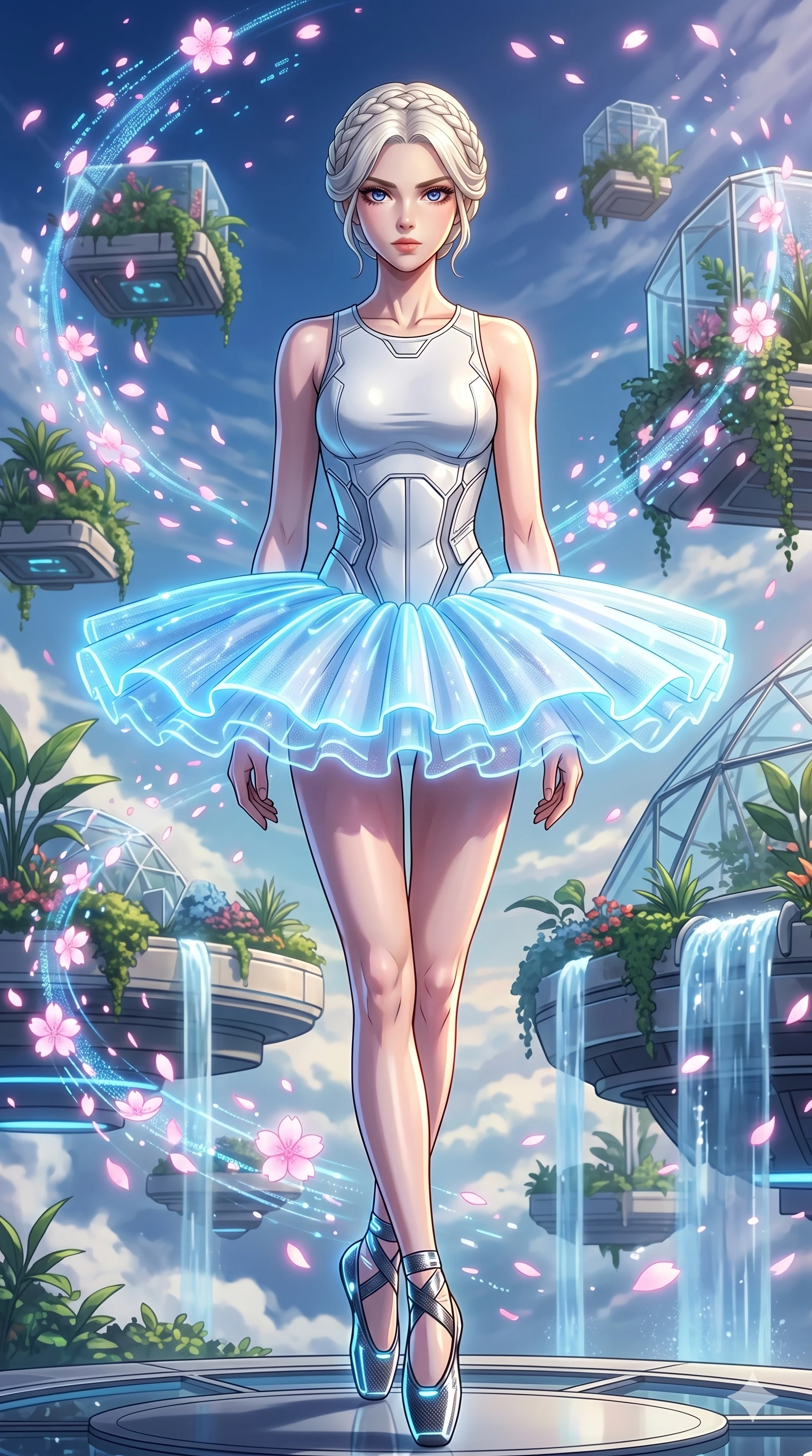 score_9, masterpiece, best quality, ultra-detailed, Set A: High-budget Anime Keyframe, Japanese woman. Upper body close-up from the thighs up, character filling the screen for maximum presence. Walking gracefully through a floating botanical garden, with a look of intense determination reflecting the fires of 17 and surrounded by digital sakura petals. She has an absolutely perfect 8-heads proportion, an exceptionally tall and slender female figure with impossibly long slender legs and an ultra-slim waist. Sharp v-shaped jawline, high-bridge nose, intricate jewel-like eyes with depth, thick eyelashes, glossy lips with a natural sheen. Wearing Futuristic ballet outfit with a glowing tutu and carbon-fiber pointe shoes. Cinematic lighting, vibrant colors, dramatic shadows, 2k, ultra detail, master piece, 9:16 ratio