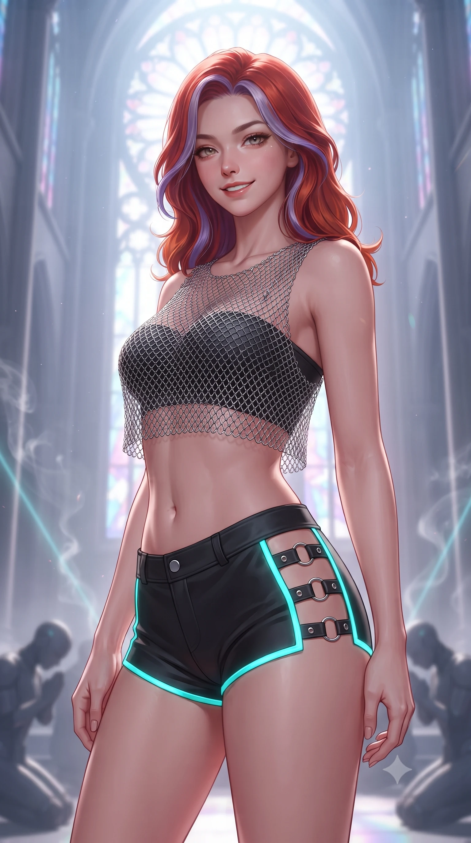score_9, masterpiece, best quality, ultra-detailed, high-budget anime keyframe, editorial fashion photography, tasteful artistic composition, Caucasian woman. close-up cowboy shot from the waist and thighs up, the character dominates the composition, filling the frame with her large presence. turning slowly with a smoldering smile, her sleek hair catching the cockpit HUD rim light as her hips angle gracefully in a captivating contrapposto while standing centered in the soaring nave beneath monumental holographic rose windows, arching her spine with divine cybernetic majesty. The background shows a soft-focus incense smoke curling through laser beams and kneeling drone acolytes softened in transcendent techno-religious shallow focus. She has an exceptionally elegant, slender, and willowy female figure with an ultra-slim waist, flat toned midriff, narrow ribcage, and sculpted feminine hips creating an alluring, slim hourglass silhouette without bulk. sharp v-shaped jawline, high-bridge nose, intricate jewel-like sparkling eyes with depth, thick eyelashes, glossy parted lips with a natural sheen, bright confident smile with an enchanting and coquettish sensual glint, exuding both youthful magnetic charm and sovereign high-tech allure, flawlessly proportioned anatomical accuracy, strict slender model proportions, natural body alignment, perfectly sculpted long slender limbs, ultra-slim waistline, clean dynamic posture without body distortion. wearing a delicate silver chainmail mesh crop top layered over a sculpted matte black bandeau with low-rise combat shorts in matte obsidian black and glowing neon cyan trim, made of supple second-skin compression stretch jersey clinging flawlessly to her form, finished with sharp laser-cut side ventilation slits framed by silver hardware rings, the aerodynamic second-skin silhouette tightly following the natural contour of her hips and long slender legs with youthful 8.5-heads elegance. bathed in majestic stained-glass laser light cascading through towering digital rose windows. ultra-reflective glossy finish, specular highlights, rich textural contrasts, high-contrast stereoscopic depth, volumetric dynamic lighting, 2k, ultra detail, master piece, 9:16 ratio