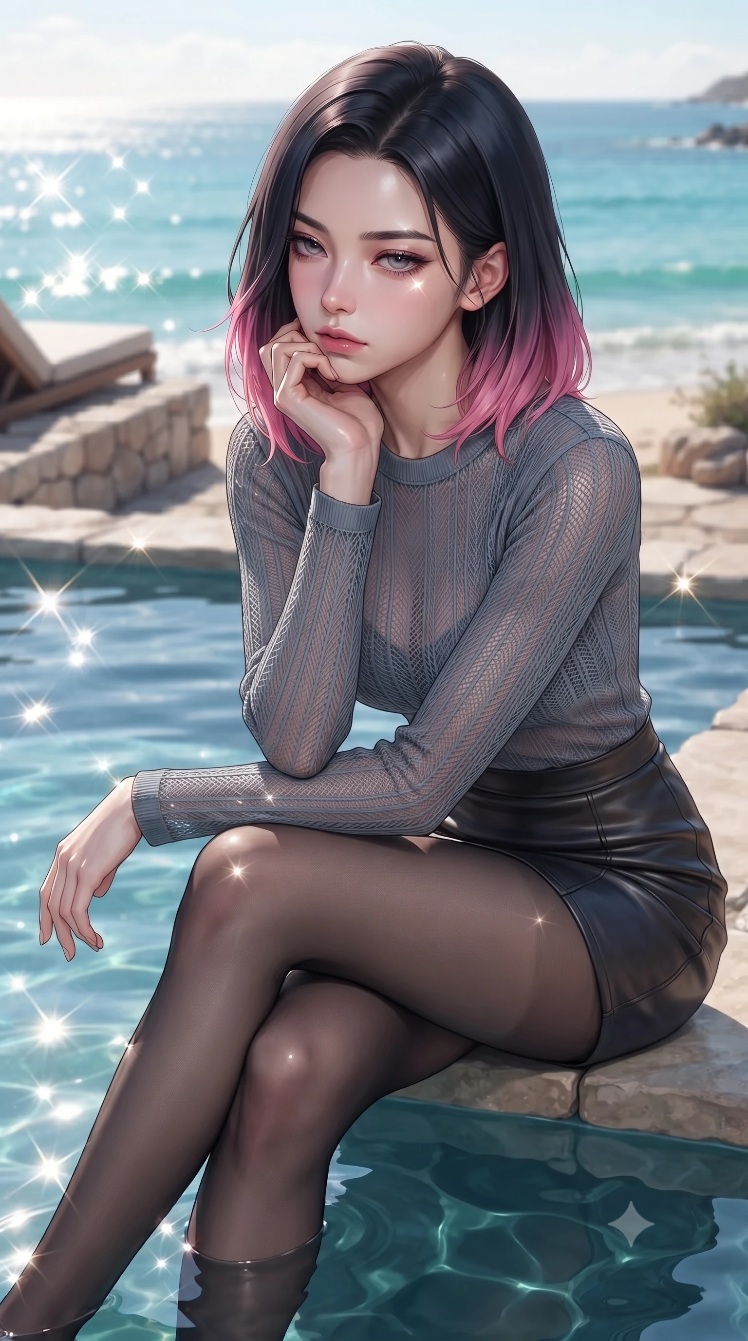 score_9, masterpiece, best quality, ultra-detailed, high-budget anime keyframe, editorial fashion photography, tasteful artistic composition, Korean woman. close-up cowboy shot from the waist and thighs up, the character dominates the composition, filling the frame with her large presence, background elements kept in soft focus. resting her chin on the backs of her fingers, casting a heavy-lidded, sultry look past the camera the background shows a soft-focus a private beachfront pool on a desert coast overlooking the turquoise ocean water. She has an exceptionally elegant, slender, and willowy female figure with an ultra-slim waist, a gracefully sculpted slender torso, and a refined silhouette. sharp v-shaped jawline, high-bridge nose, intricate jewel-like eyes with depth, thick eyelashes, glossy lips with a natural sheen. wearing a tailored semi-transparent mesh top in slate grey, paired with a leather mini skirt and sheer stockings. bright morning sun rays creating sparkling glints on the sea and water pool. ultra-reflective glossy finish, specular highlights, metallic sheen, high-contrast stereoscopic depth, volumetric dynamic lighting, 2k, ultra detail, master piece, 9:16 ratio