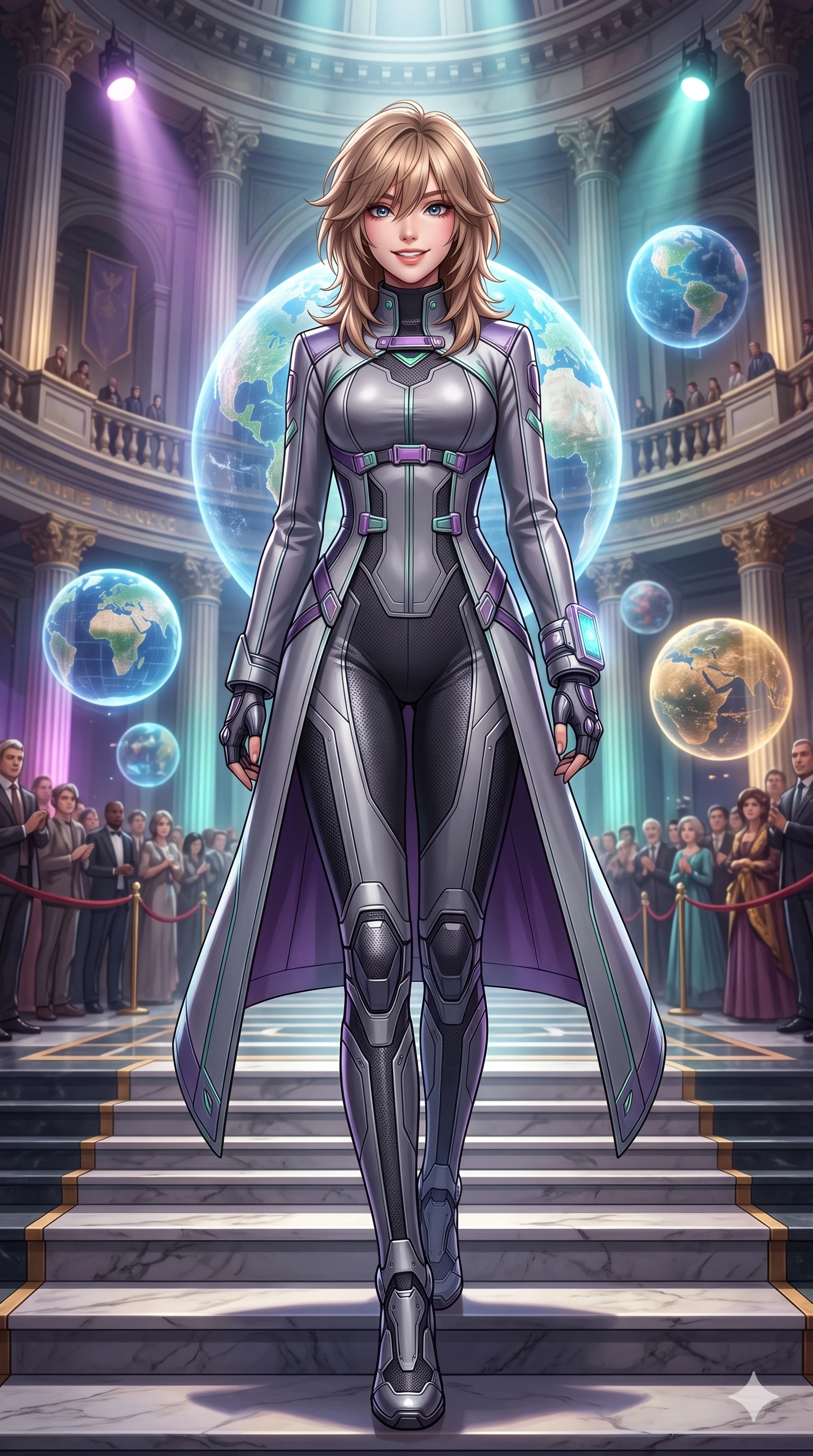 score_9, masterpiece, best quality, ultra-detailed, high-budget anime keyframe, semi-realistic 3D game render, editorial fashion photography, tasteful artistic composition, Japanese woman. low angle full-body shot from head to toe showing her feet, filling the entire 9:16 vertical frame with her statuesque presence, stretching her vertical silhouette. stepping forward in a confident stride along the catwalk, her long slender legs and curvaceous hips creating a dynamic, sweeping vertical line while walking slowly down the grand marble council steps with hypnotic grace, hips swaying in an alluring sensual rhythm that accentuates her curvy hourglass silhouette and long slender legs. The surrounding environment is rendered in vivid detail and crisp panoramic clarity: detailed diplomatic catsuit tailoring, polished carbon-weave paneling, and monumental neoclassical sci-fi architecture in razor-sharp precision. She has an absolutely perfect, statuesque 8.5-heads proportion, an exceptionally tall and slender model-like female figure with impossibly long slender legs, an ultra-slim waist, a flat toned midriff, narrow delicate ribcage, and beautifully sculpted feminine hips creating a graceful, slim hourglass silhouette without any bulky heaviness. sharp v-shaped jawline, high-bridge nose, intricate jewel-like sparkling eyes with depth, thick eyelashes, glossy parted lips with a natural sheen, bright confident smile with an enchanting and coquettish sensual glint, exuding both youthful magnetic charm and sovereign high-tech allure, flawlessly proportioned anatomical accuracy, strict slender model proportions, natural body alignment, perfectly sculpted long slender limbs, ultra-slim waistline, clean dynamic posture without body distortion. wearing a prestigious diplomatic high-neck sci-fi senate coat dress in structured nano-wool with polished titanium clasp hardware in phosphorescent ultraviolet amethyst and mint green, tailored from brushed aeronautical titanium alloy with matte satin sheen, complemented by fingerless armored tactical gloves and a glowing holographic wrist terminal, the bespoke structured tailoring following the natural line of her 8.5-heads silhouette with refined elegance. bathed in the majestic, balanced ambient glow of floating holographic worlds mixed with dramatic overhead parliamentary spotlights. highly saturated vibrant anime colors, detailed shading with soft gradients, rich glossy textures, high-contrast stereoscopic depth, volumetric dynamic lighting, master piece, 9:16 ratio