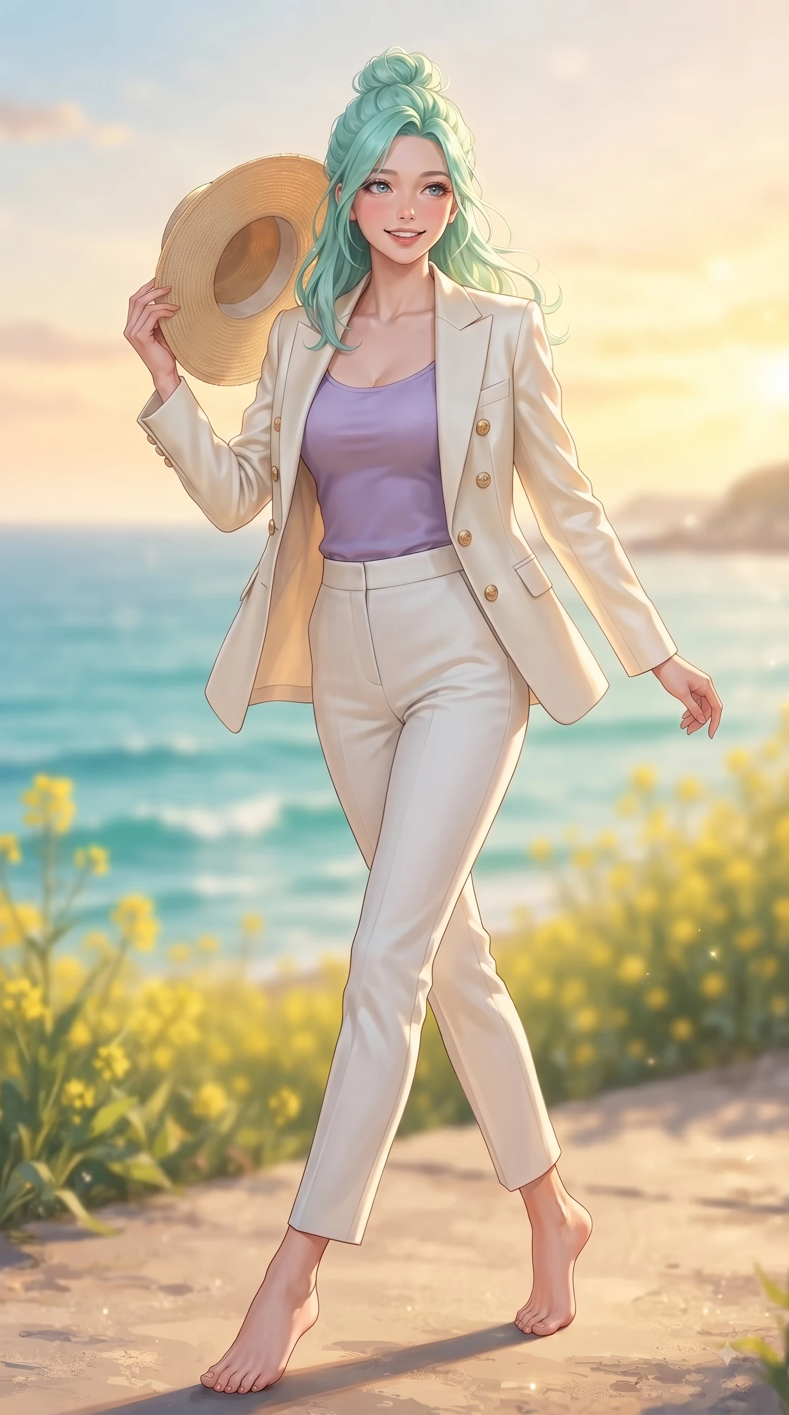 score_9, masterpiece, best quality, ultra-detailed, high-budget anime keyframe, editorial fashion photography, tasteful artistic composition, Japanese woman. low angle full-body shot from head to toe showing her feet, filling the entire 9:16 vertical frame with her statuesque presence, stretching her vertical silhouette. stepping forward gracefully in mid-motion with a delighted cute expression, displaying her statuesque model proportions while holding her straw hat lightly against the fresh sea breeze while smiling at the camera. The composition keeps background elements in soft focus with dreamy bokeh. crystal-clear turquoise sea waves and yellow canola fields blurred into dreamy ocean bokeh. She has an absolutely perfect, statuesque 8.5-heads proportion, an exceptionally tall and slender model-like female figure with impossibly long slender legs and an ultra-slim waist. sharp v-shaped jawline, high-bridge nose, intricate jewel-like eyes with depth, thick eyelashes, glossy lips with a natural sheen, flawlessly proportioned anatomical accuracy, natural body alignment, perfectly sculpted elegant limbs, clean dynamic posture without body distortion. wearing a tailored cream silk blazer over a fitted scoop-neck camisole and slacks in soft lavender violet and pearl white, made of premium stretch jersey that follows her curves like a glove, adorned with delicate gold buttons along the front, the elegant draped fit framing her graceful clavicle and slender torso. illuminated by a glorious golden hour sunburst painting the sky in joyful amber and peach. ultra-reflective glossy finish, specular highlights, metallic sheen, high-contrast stereoscopic depth, volumetric dynamic lighting, 2k, ultra detail, master piece, 9:16 ratio