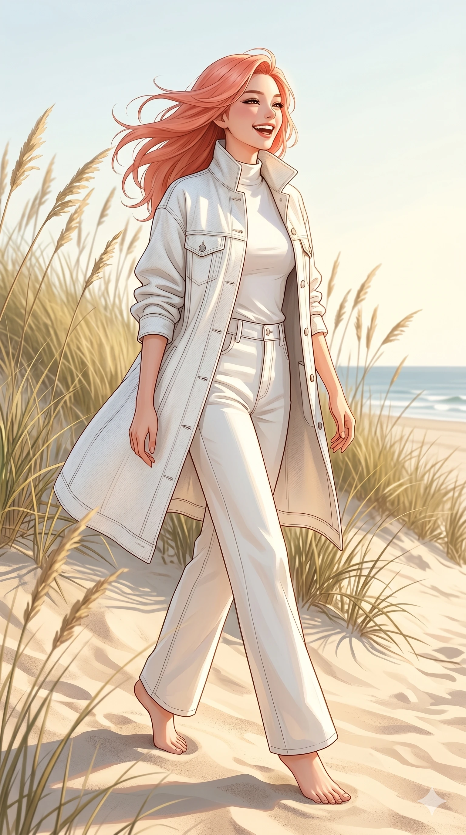 score_9, masterpiece, best quality, ultra-detailed, high-budget anime keyframe, editorial fashion photography, tasteful artistic composition, Japanese woman. low angle full-body shot from head to toe showing her feet, filling the entire 9:16 vertical frame with her statuesque presence, stretching her vertical silhouette. walking along the shoreline, turning her head back with a beautiful, wind-swept laugh on a sandy beach dune covered in sea oats, with the warm ocean breeze blowing (Code-P19-008). She has an absolutely perfect 8-heads proportion, an exceptionally tall and slender female figure with impossibly long slender legs and an ultra-slim waist. V-shaped jawline, high-bridge nose, intricate jewel-like eyes with depth, thick eyelashes, glossy lips with a natural sheen. wearing a high-collar structured summer coat in white denim worn over a high-neck cotton top and matching pants. drenched in bright afternoon sunshine, highlighting her sleek silhouette and the textures of her outfit. 2k, ultra detail, master piece, 9:16 ratio
