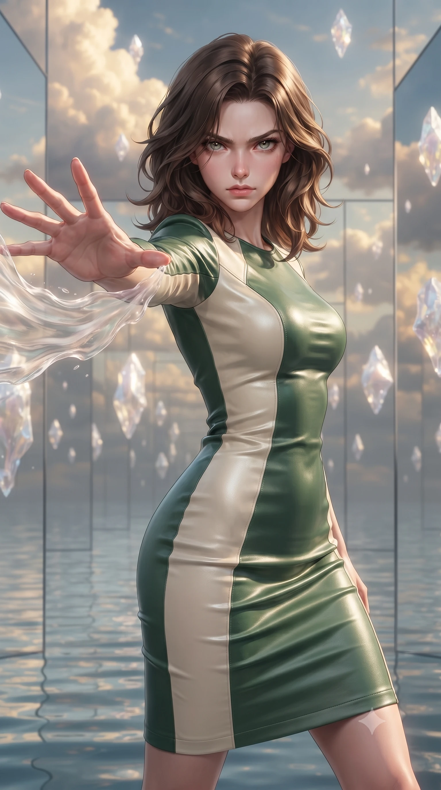 score_9, masterpiece, best quality, ultra-detailed, high-budget anime keyframe, editorial fashion photography, tasteful artistic composition, realistic cosplay photography, Korean woman. close-up cowboy shot from the waist and thighs up, the character dominates the composition, filling the frame with her large presence, background elements kept in soft focus. Unleashing a wave of force with an outstretched hand, her gaze locked on the target. set against a soft-focus background of a hall where the floor is water and walls are mirrors, reflecting a sky filled with gold-threaded clouds. She has an exceptionally elegant and slender, willowy female figure with an ultra-slim waist, a gracefully sculpted slender torso, and a refined slim physique. sharp v-shaped jawline, high-bridge nose, intricate jewel-like eyes with depth, thick eyelashes, glossy lips with a natural sheen. wearing the lightweight fabric rippling and billowing dramatically with her movement, a body-hugging fitted pencil dress in color-blocked forest green and cream leather, contouring her athletic, slender build. ethereal pearlescent light emanating from floating crystalline formations all around. ultra-reflective glossy finish, specular highlights, metallic sheen, high-contrast stereoscopic depth, volumetric dynamic lighting, 2k, ultra detail, master piece, 9:16 ratio