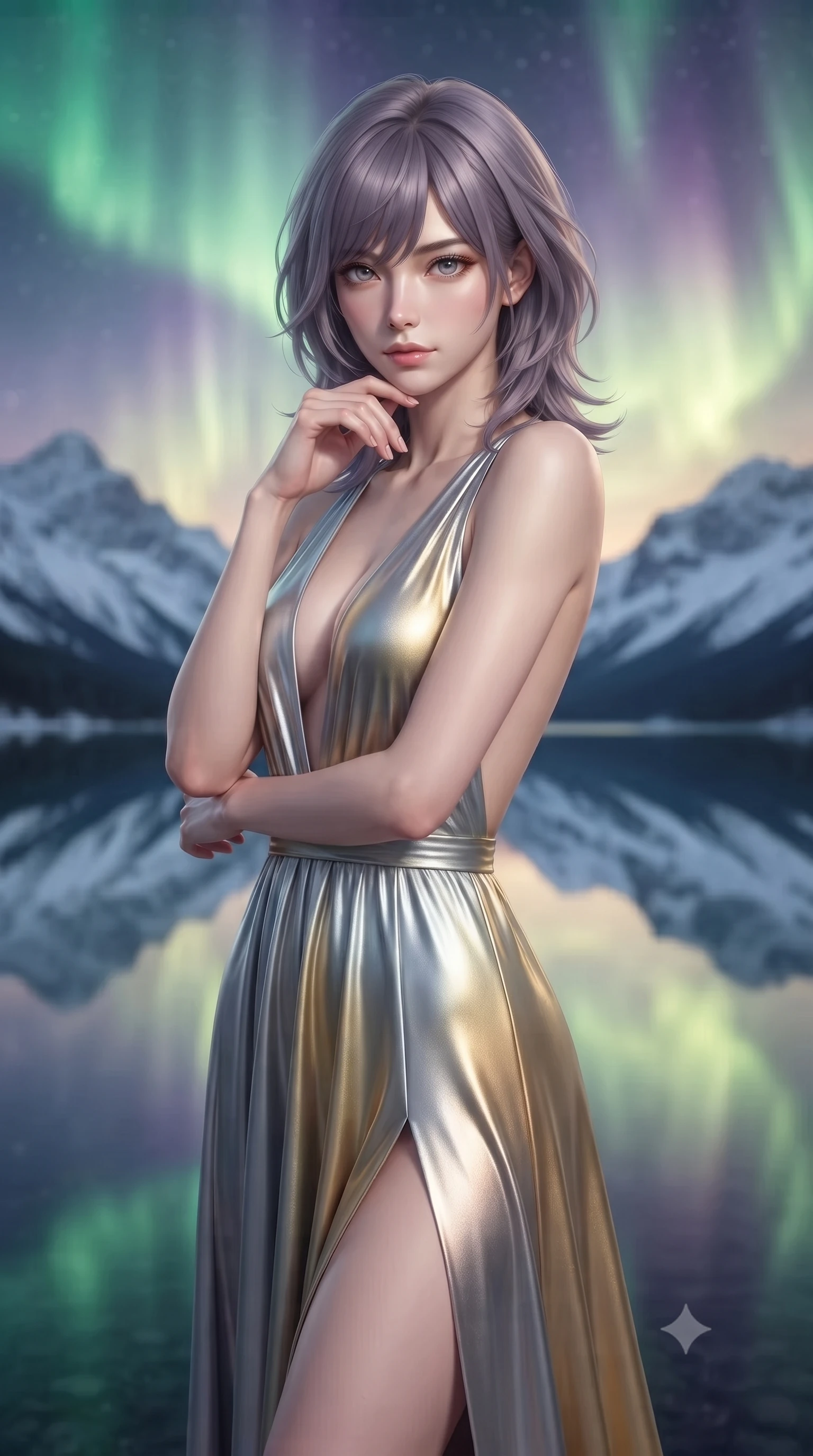 score_9, masterpiece, best quality, ultra-detailed, high-budget anime keyframe, editorial fashion photography, tasteful artistic composition, Japanese woman. close-up cowboy shot from the waist and thighs up, the character dominates the composition, filling the frame with her large presence, background elements kept in soft focus. Resting her chin on the backs of her fingers in a confident pose. set against a soft-focus background of a perfectly still glacial lake at dawn reflecting snow-capped mountains in absolute mirror perfection with the water surface so calm the reflection is indistinguishable from reality creating a vertically symmetrical world. She has an exceptionally elegant and slender, willowy female figure with an ultra-slim waist, a gracefully sculpted slender torso, and a refined slim physique. sharp v-shaped jawline, high-bridge nose, intricate jewel-like eyes with depth, thick eyelashes, glossy lips with a natural sheen. wearing a deep plunging-V neck maxi dress in a liquid silver and gold gradient, featuring a bold open-back and a daring high slit. illuminated by a shifting aurora palette of green violet and gold from above. 2k, ultra detail, master piece, 9:16 ratio