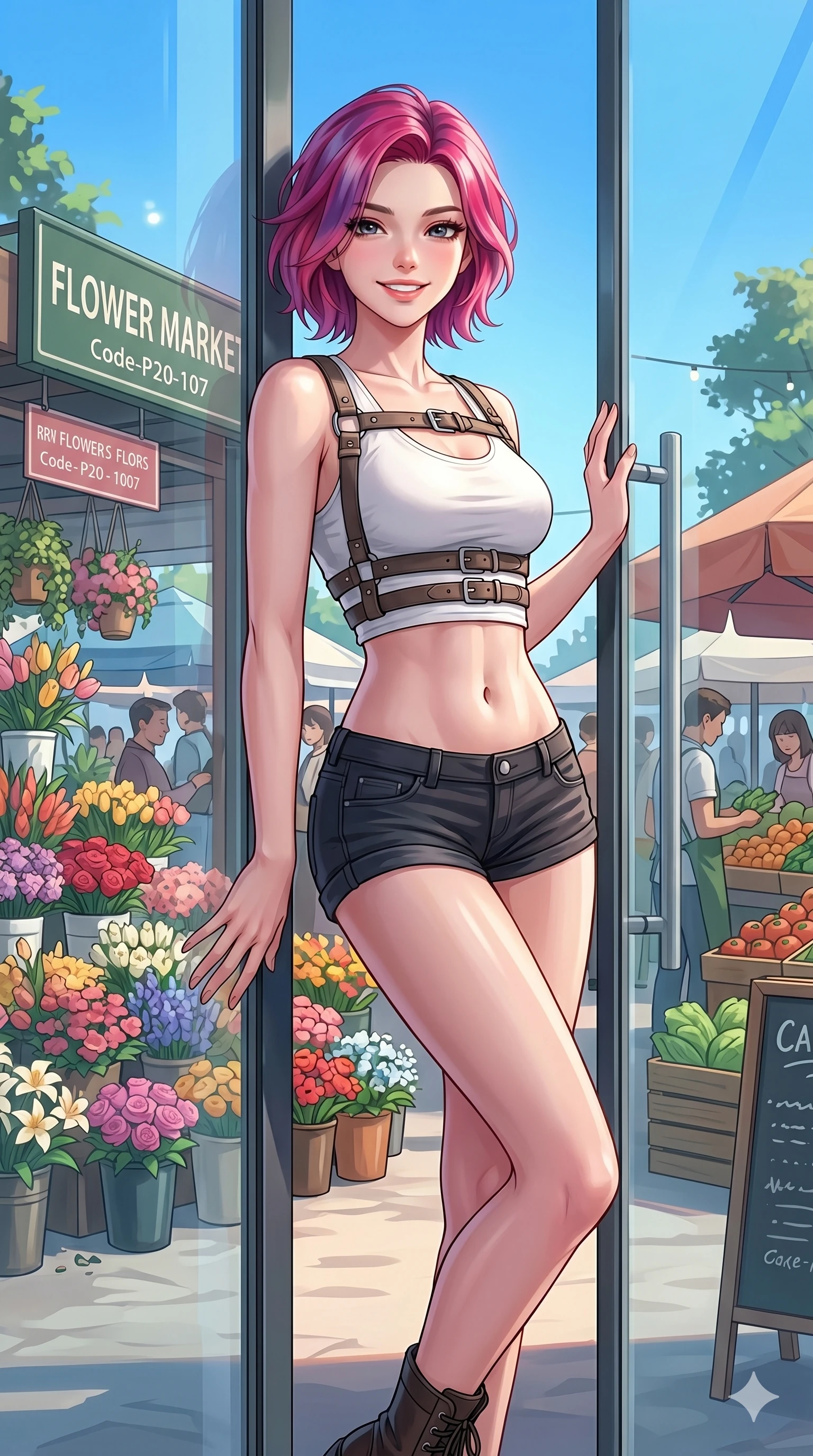 score_9, masterpiece, best quality, ultra-detailed, high-budget anime keyframe, vibrant anime aesthetic, Caucasian woman, strictly human ears. cowboy shot from the thighs up, character and outfit filling the frame for maximum presence. She is leaning against a glass door, looking at the camera with a bright, friendly smile by a vibrant outdoor market with flower stalls (Code-P20-107). She has an absolutely perfect 8-heads proportion, an exceptionally tall and slender female figure with impossibly long slender legs and an ultra-slim waist. V-shaped jawline, high-bridge nose, intricate jewel-like eyes with depth, thick eyelashes, glossy lips with a natural sheen. wearing a harness over a crop top with exposed midriff and micro-shorts. She is soft glowing ambient light from a clear blue sky, highlighting her V-shaped jawline. 2k, ultra detail, master piece, 9:16 ratio
