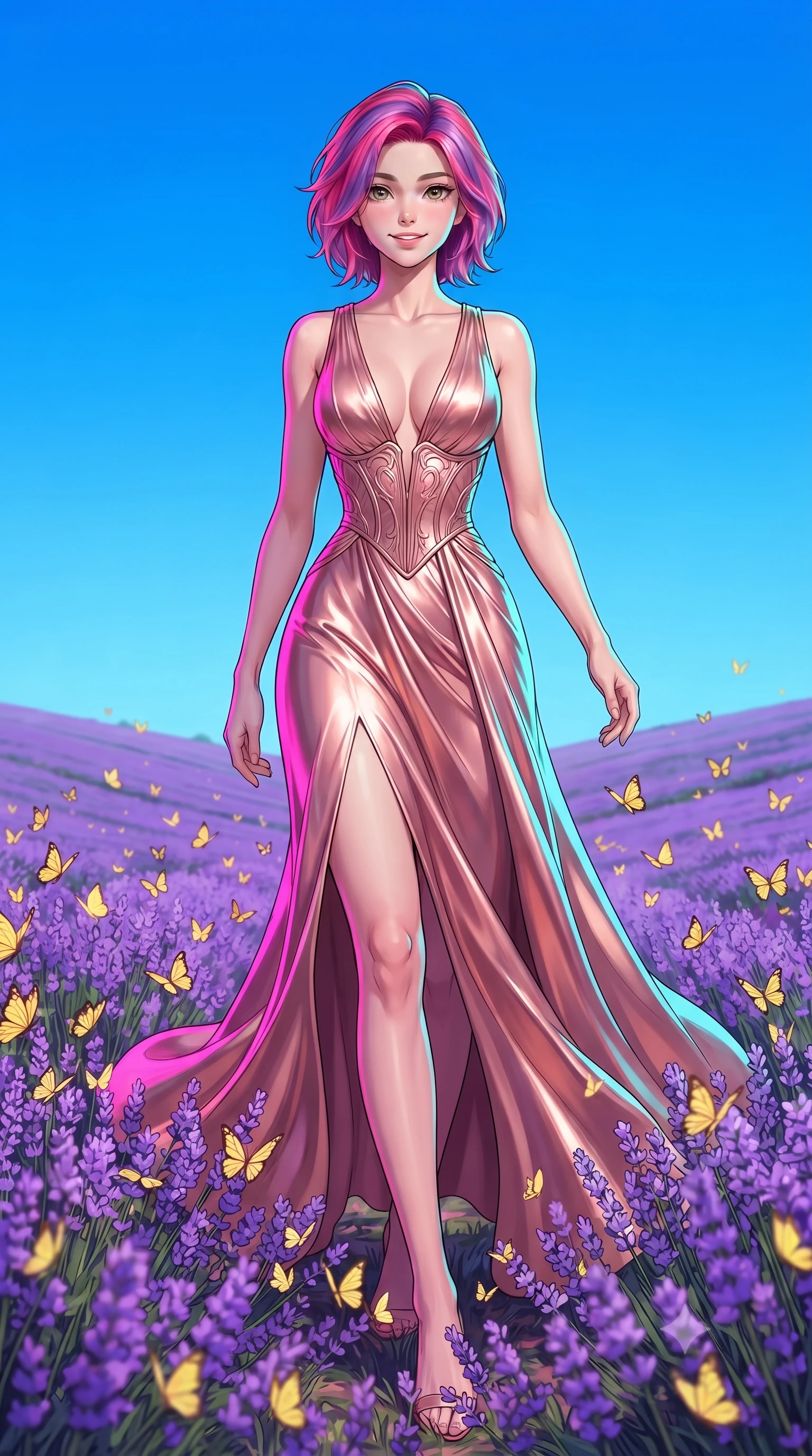 score_9, masterpiece, best quality, ultra-detailed, high-budget anime keyframe, editorial fashion photography, tasteful artistic composition, gorgeous anime illustration, with clean line-art, distinct ink outlines, and high-contrast stereoscopic depth, Caucasian woman, strictly human ears. low angle full-body shot from head to toe showing her feet, filling the entire 9:16 vertical frame with her statuesque presence, stretching her vertical silhouette. threading her way with a cheerful, optimistic expression through in an endless rolling valley covered in blooming violet lavender under a clear sky, with swarms of yellow butterflies dancing over the flowers. She has a statuesque 8.5-heads proportion, an exceptionally tall, slender and willowy model-like build with impossibly long legs and a highly sculpted ultra-slim waist. sharp v-shaped jawline, high-bridge nose, intricate jewel-like eyes with depth, thick eyelashes, glossy lips with a natural sheen. wearing a floor-length gown in liquid rose gold, featuring an ultra-deep plunging V-neckline and a highly structured bodice. dual-tone lighting with hot magenta from the left and cool cyan from the right. 2k, ultra detail, master piece, 9:16 ratio, highly saturated vibrant anime colors, detailed cel-shading with soft gradients, rich glossy textures, deep contrast, volumetric dynamic lighting, 2d animation style