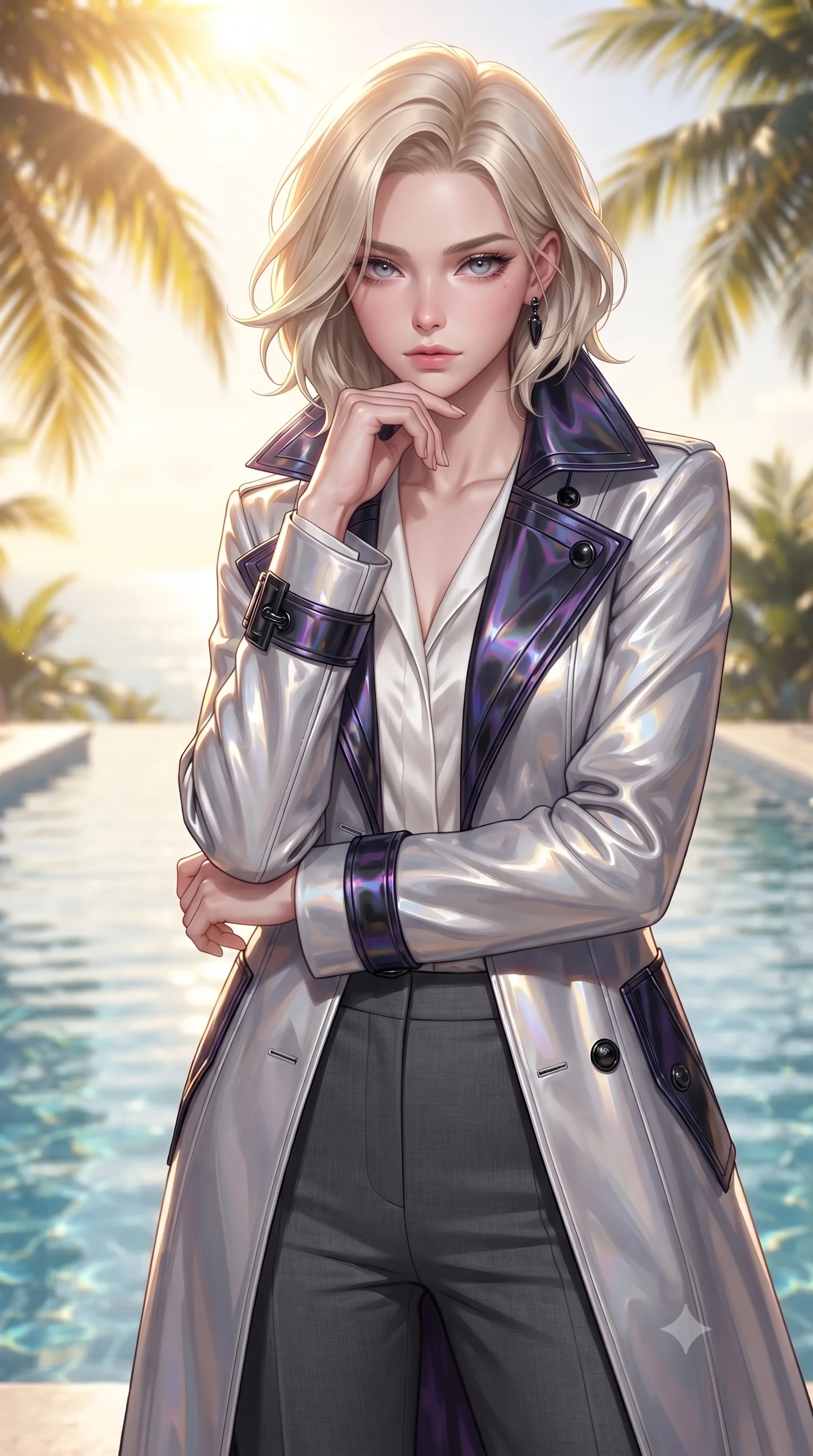 score_9, masterpiece, best quality, ultra-detailed, high-budget anime keyframe, editorial fashion photography, tasteful artistic composition, Caucasian woman. close-up cowboy shot from the waist and thighs up, the character dominates the composition, filling the frame with her large presence, background elements kept in soft focus. Resting her chin on the backs of her fingers with an air of effortless superiority, poised near a clear infinity plunge pool under a brilliant golden sun sky, effortless summer resort luxury aesthetic. She has an exceptionally elegant, slender, and willowy female figure with an ultra-slim waist, a gracefully sculpted slender torso, and a refined silhouette. sharp v-shaped jawline, high-bridge nose, intricate jewel-like eyes with depth, thick eyelashes, glossy lips with a natural sheen. wearing structured platinum leather long coat over white silk blouse and tailored slacks in dark charcoal gray, made of iridescent dark violet taffeta, adorned with minimalist black onyx hardware framing the silhouette, accentuating her gracefully sculpted slender torso. bathed in bright golden sunlight filtering through tropical palm fronds. ultra-reflective glossy finish, specular highlights, metallic sheen, high-contrast stereoscopic depth, volumetric dynamic lighting, 2k, ultra detail, master piece, 9:16 ratio
