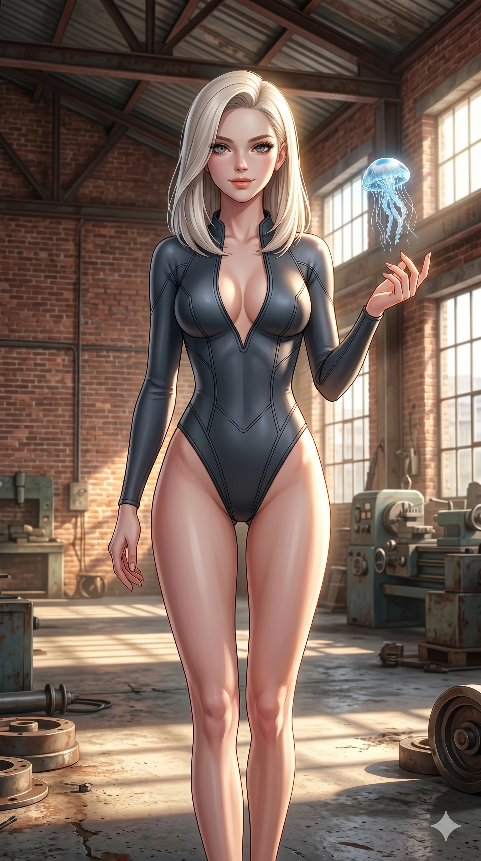 score_9, masterpiece, best quality, ultra-detailed, high-budget anime keyframe, editorial fashion photography, tasteful artistic composition, Caucasian woman, strictly human ears. cowboy shot from the thighs up, character and outfit filling the frame for maximum editorial presence. reaching a hand toward a floating jellyfish, looking at the camera with a mystical smile inside an industrial brick warehouse with exposed steel ceiling beams (Code-P18-084). She has an absolutely perfect 8-heads proportion, an exceptionally tall and slender female figure with impossibly long slender legs and an ultra-slim waist. V-shaped jawline, high-bridge nose, intricate jewel-like eyes with depth, thick eyelashes, glossy lips with a natural sheen. wearing a skin-tight neoprene bodysuit with high-cut lines and a plunging neck. drenched in brilliant afternoon sunshine, highlighting her sleek silhouette and smooth skin. 2k, ultra detail, master piece, 9:16 ratio