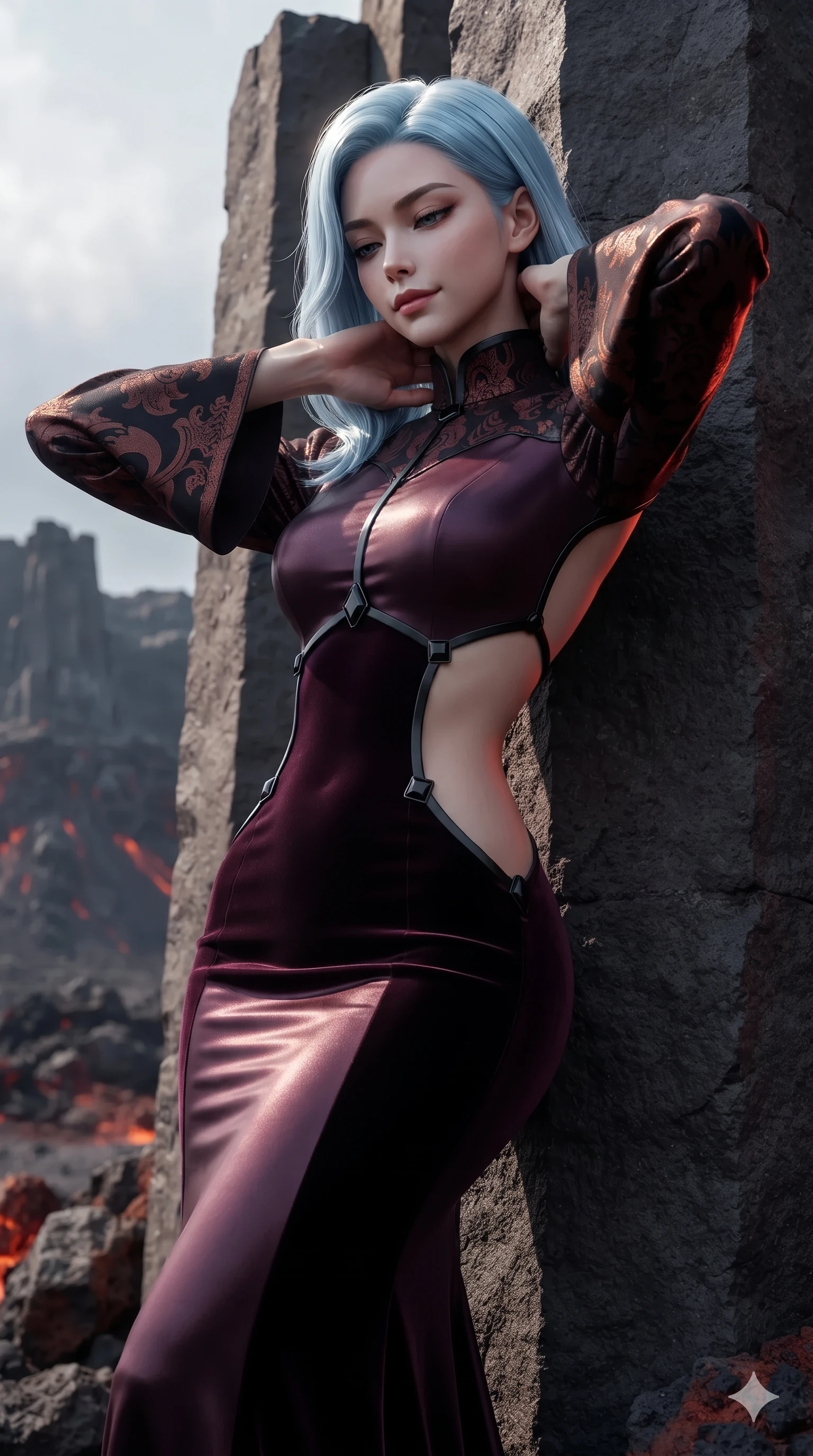 score_9, masterpiece, best quality, ultra-detailed, high-budget anime keyframe, editorial fashion photography, tasteful artistic composition, Korean woman. close-up cowboy shot from the waist and thighs up, the character dominates the composition, filling the frame with her large presence. resting both hands lightly behind her neck with elbows raised, arching her spine to highlight her narrow waist and flat midriff while leaning against the towering vertical basalt column with hips cocked back, looking through lowered lashes with an enchanting, superior half-smile. The surrounding environment is rendered in vivid detail and crisp panoramic clarity: detailed off-shoulder velvet bodycon dress cling, low-back scoop tailoring, and massive stone architecture in razor-sharp clarity. She has an exceptionally elegant, slender, and willowy female figure with an ultra-slim waist, flat toned midriff, narrow ribcage, and sculpted feminine hips creating an alluring, slim hourglass silhouette without bulk. sharp v-shaped jawline, high-bridge nose, intricate jewel-like dark sparkling eyes with hypnotic seductive depth, thick curled eyelashes, glossy parted lips with a natural wine sheen, alluring bedroom-eyes with an enigmatic smoldering smile, exuding magnetic sovereign charisma and dark avant-garde glamour, flawlessly proportioned anatomical accuracy, strict slender model proportions, natural body alignment, perfectly sculpted long slender limbs, ultra-slim waistline, clean dynamic posture without body distortion. wearing a gothic high-collar dark plum silk evening gown with long bell sleeves in dark burnt copper and matte black, woven from bespoke high-density barathea wool with refined ceremonial hold, adorned with minimalist black onyx hardware framing the silhouette, accentuating her gracefully sculpted slender torso and statuesque proportions. illuminated by volcanic stone bounce and sharp scarlet-amber rim lights defining her razor-sharp jawline, narrow waist, and curvy hips. ultra-reflective glossy finish, specular highlights, metallic sheen, high-contrast stereoscopic depth, volumetric dynamic lighting, 2k, ultra detail, master piece, 9:16 ratio