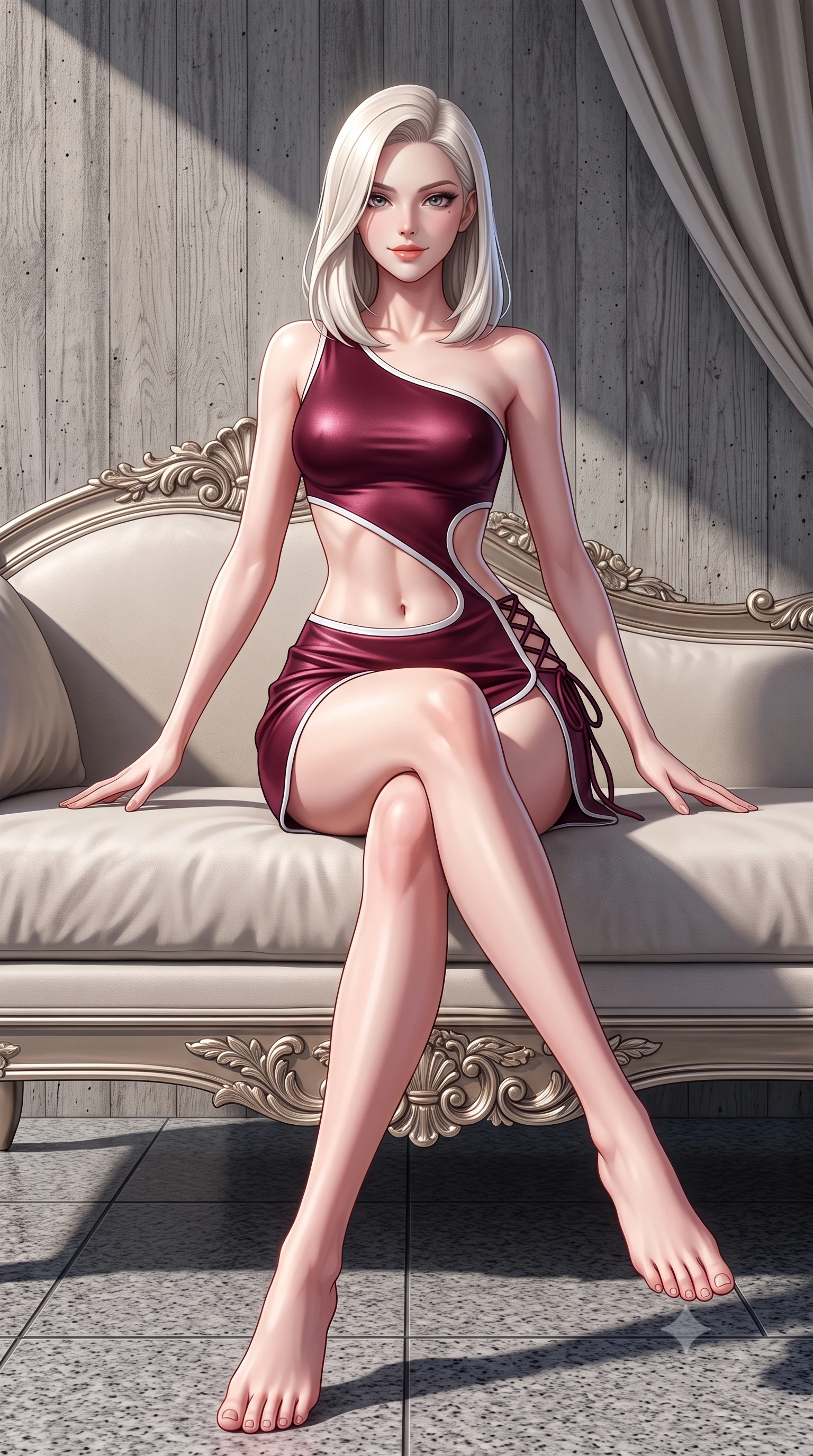 score_9, masterpiece, best quality, ultra-detailed, high-budget anime keyframe, semi-realistic 3D game render, editorial fashion photography, tasteful artistic composition, Caucasian woman. low angle full-body shot from head to toe showing her feet, filling the entire 9:16 vertical frame with her statuesque presence, stretching her vertical silhouette. lounging on the lavish daybed with legs crossed and hips angled toward the camera, displaying her toned midriff and long slender limbs with effortless siren poise while twisting her slender torso in an alluring contrapposto stance, stark diagonal shadow wedges framing her narrow waist and rounded hips. The surrounding environment is rendered in vivid detail and crisp panoramic clarity: sharp raw wood-grain concrete texture, crisp diagonal cast-shadow edges, and granite floor paver joints in deep focus. She has an absolutely perfect, statuesque 8.5-heads proportion, an exceptionally tall and slender model-like female figure with impossibly long slender legs, an ultra-slim waist, a flat toned midriff, narrow delicate ribcage, and beautifully sculpted feminine hips creating a graceful, slim hourglass silhouette without any bulky heaviness. sharp v-shaped jawline, high-bridge nose, sparkling eyes with hypnotic seductive depth, thick curled eyelashes, glossy parted lips with a natural dewy peach sheen, alluring bedroom-eyes with an enchanting coquettish smile, exuding magnetic siren charisma and sophisticated glamour, flawlessly proportioned anatomical accuracy, strict slender model proportions, natural body alignment, perfectly sculpted long slender limbs, ultra-slim waistline, clean dynamic posture without body distortion. wearing an asymmetric one-shoulder metallic bordeaux mini dress with a dramatic side cutout hugging her waist and hips in high-contrast minimalist monochrome black and pure alabaster white, tailored from fine structural neoprene with crisp architectural edges and smooth contouring, finished with fine criss-cross lace-up side ties revealing tantalizing glimpses of her hip curve, the high-slit wrap tailoring accentuating her ultra-slim waistline and the enchanting curve of her feminine hips with alluring seductive charm. illuminated by concrete bounce fill and sharp platinum-white rim lights sculpting her jawline, flat midriff, and curvaceous hips. highly saturated vibrant anime colors, detailed shading with soft gradients, rich glossy textures, high-contrast stereoscopic depth, volumetric dynamic lighting, master piece, 9:16 ratio