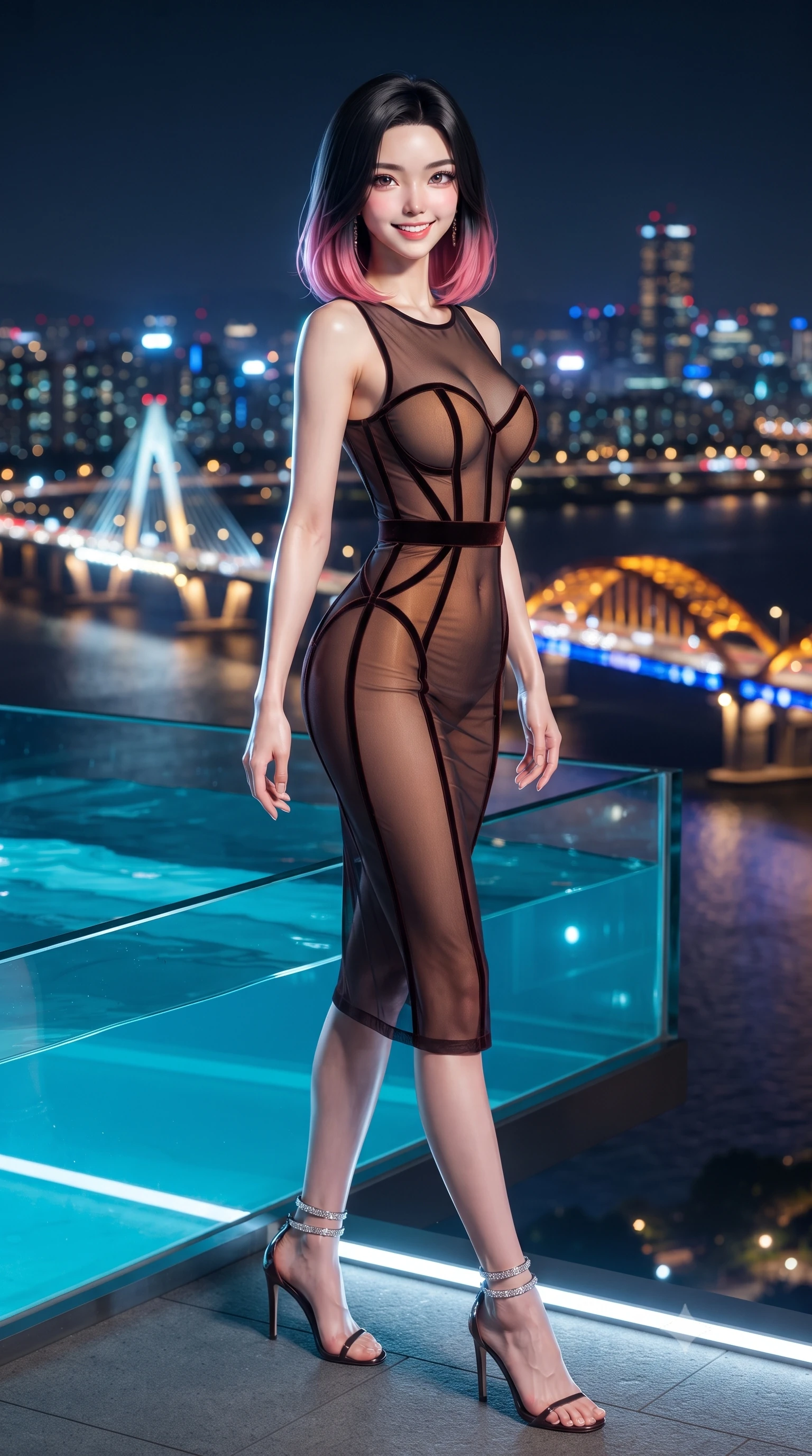 score_9, masterpiece, best quality, ultra-detailed, high-budget anime keyframe, editorial fashion photography, tasteful artistic composition, Korean woman. low angle full-body shot from head to toe showing her feet, filling the entire 9:16 vertical frame with her statuesque presence, stretching her vertical silhouette. stepping slowly toward the camera with hypnotic grace, hips swaying in an alluring sensual rhythm that accentuates her curvy hourglass silhouette and long slender legs while standing poised beside the cantilevered glass tub jutting over the Han River, arching her spine as illuminated bridges blaze in electric gold and sapphire. The background shows a soft-focus illuminated Olympic Bridge and Seongsu Bridge spans, flowing Han River waters, and dense Seoul skyline blurred into sapphire, gold, and ruby bokeh. She has an exceptionally tall and slender model-like 8.5-heads proportion, an ultra-slim waist, a flat toned midriff, narrow delicate ribcage, and beautifully sculpted feminine hips creating a graceful, slim hourglass silhouette without any bulky heaviness, with impossibly long slender legs. sharp v-shaped jawline, high-bridge nose, intricate jewel-like sparkling eyes with depth, thick eyelashes, glossy parted lips with a natural peach sheen, bright cheerful beaming smile with an enchanting and coquettish sensual glint, exuding both youthful cute charm and seductive allure, flawlessly proportioned anatomical accuracy, strict slender model proportions, natural body alignment, perfectly sculpted long slender limbs, ultra-slim waistline, clean dynamic posture without body distortion. wearing a provocative semi-sheer tulle cocktail dress with velvet ribbon piping contouring her narrow waist and hips in Hannam-dong glowing amber and rich dark espresso, made of fluid liquid jersey with seamless sculpting hold and smooth contours, complemented by strappy stiletto sandals with crystal ankle wraps accentuating her slender calves, the precision-cut side openings and low-back scoop framing her graceful spine and the sensual sweep of her slim, toned hips. illuminated by tub edge LEDs and sharp platinum-cyan rim lights sculpting her razor-sharp jawline, narrow waist, and curvy hips. ultra-reflective glossy finish, specular highlights, rich textural contrasts, high-contrast stereoscopic depth, volumetric dynamic lighting, 2k, ultra detail, master piece, 9:16 ratio