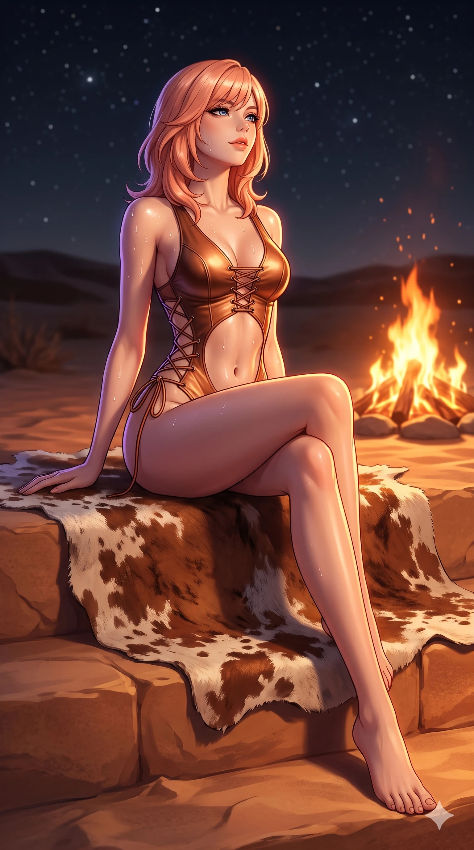 score_9, masterpiece, best quality, ultra-detailed, high-budget anime keyframe, semi-realistic 3D game render, editorial fashion photography, tasteful artistic composition, Japanese woman. low angle full-body shot from head to toe showing her feet, filling the entire 9:16 vertical frame with her statuesque presence, stretching her vertical silhouette. sitting poised on the warm sandstone steps with one knee bent, arching her spine with supermodel elegance as she glances upward through thick eyelashes while sitting gracefully on a distressed cowhide blanket beside the crackling bonfire with one knee bent, arching her spine with supermodel elegance as she glances upward at the stars. The background shows a soft-focus desert starlight celestial atmosphere softened in midnight bonfire shallow focus. She has an absolutely perfect, statuesque 8.5-heads proportion, an exceptionally tall and slender model-like female figure with impossibly long slender legs, an ultra-slim waist, a flat toned midriff, narrow delicate ribcage, and beautifully sculpted feminine hips creating a graceful, slim hourglass silhouette without any bulky heaviness. sharp v-shaped jawline, high-bridge nose, sparkling eyes with hypnotic seductive depth, thick curled eyelashes, glossy parted lips with a natural dewy peach sheen, alluring bedroom-eyes with an enchanting coquettish smile, exuding magnetic siren charisma and sophisticated glamour, flawlessly proportioned anatomical accuracy, strict slender model proportions, natural body alignment, perfectly sculpted long slender limbs, ultra-slim waistline, clean dynamic posture without body distortion. wearing a low-slung cutaway leather biker bodysuit with bare hip flanks and criss-cross leather cord ties in molten metallic copper and radiant desert sand, tailored from smooth liquid silk satin that adheres flawlessly over her curves with a dewy sheen, finished with glistening drops of seawater beading across her sculpted shoulders and flat midriff, the liquid-tight tailored fabric clinging flawlessly to her narrow waist and rounded feminine hips, emphasizing every millimeter of her sculpted slim hourglass curves without any bulky heaviness. illuminated by white sand ground bounce and sharp amber-violet rim lights defining her razor-sharp jawline, narrow waist, and curvy hips. highly saturated vibrant anime colors, detailed shading with soft gradients, rich glossy textures, high-contrast stereoscopic depth, volumetric dynamic lighting, master piece, 9:16 ratio