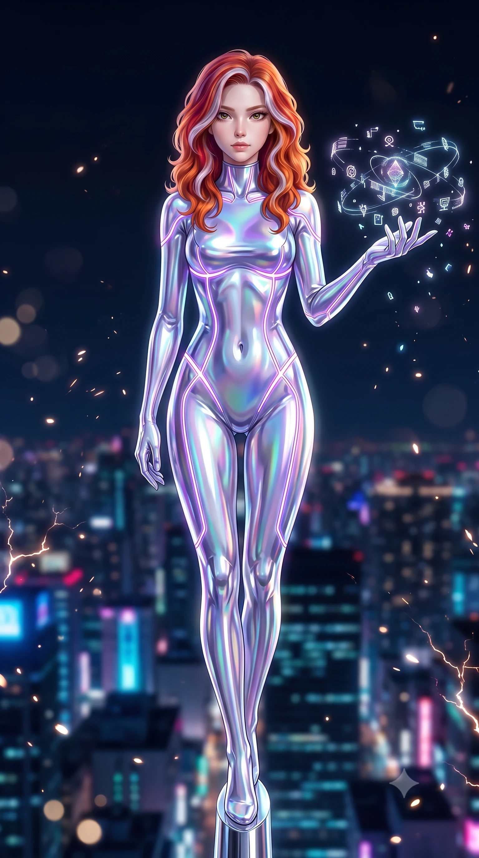 score_9, masterpiece, best quality, ultra-detailed, high-budget anime keyframe, semi-realistic 3D game render, editorial fashion photography, tasteful artistic composition, Caucasian woman. close-up cowboy shot from the waist and thighs up, the character dominates the composition, filling the frame with her large presence. extending one arm gracefully as floating holographic glyphs and nano-crystals orbit her fingertips with sovereign power while standing with statuesque majesty on the extreme chrome spire tip of a 200-story skyscraper above a neon metropolis. The composition keeps background elements in soft focus with creamy bokeh. crackling plasma sparks scattering subtle glowing light motes across a dark nocturnal backdrop. She has an exceptionally elegant, slender, and willowy female figure with an ultra-slim waist, a gracefully sculpted slender torso, toned flat midriff, and a refined slim silhouette. sharp v-shaped jawline, high-bridge nose, intricate jewel-like eyes with depth, thick eyelashes, glossy lips with a natural sheen, flawlessly proportioned anatomical accuracy, strict slender model proportions, natural body alignment, perfectly sculpted long slender limbs, ultra-slim waistline, clean dynamic posture without body distortion. wearing an aerodynamic sculpted liquid-chrome bodysuit with glowing neon fiber-optic circuitry and an elegant high-fashion cut in iridescent holographic chrome with prism violet highlights, crafted from ultra-reflective second-skin liquid metal with a mirror-like polish, accented with glowing fiber-optic seams tracing her collarbones and hip curves, the glove-like aerodynamic second-skin fit tightly clinging to her ultra-slender waist and athletic curves without adding bulk, accentuating her razor-sharp statuesque lines and slim hourglass silhouette. illuminated by crisp white key lighting with sharp specular highlights tracing her ultra-slim waist and long legs. rich saturated anime colors with glowing neon highlights, detailed shading with soft gradients, rich glossy textures, high-contrast stereoscopic depth, volumetric dynamic lighting, master piece, 9:16 ratio