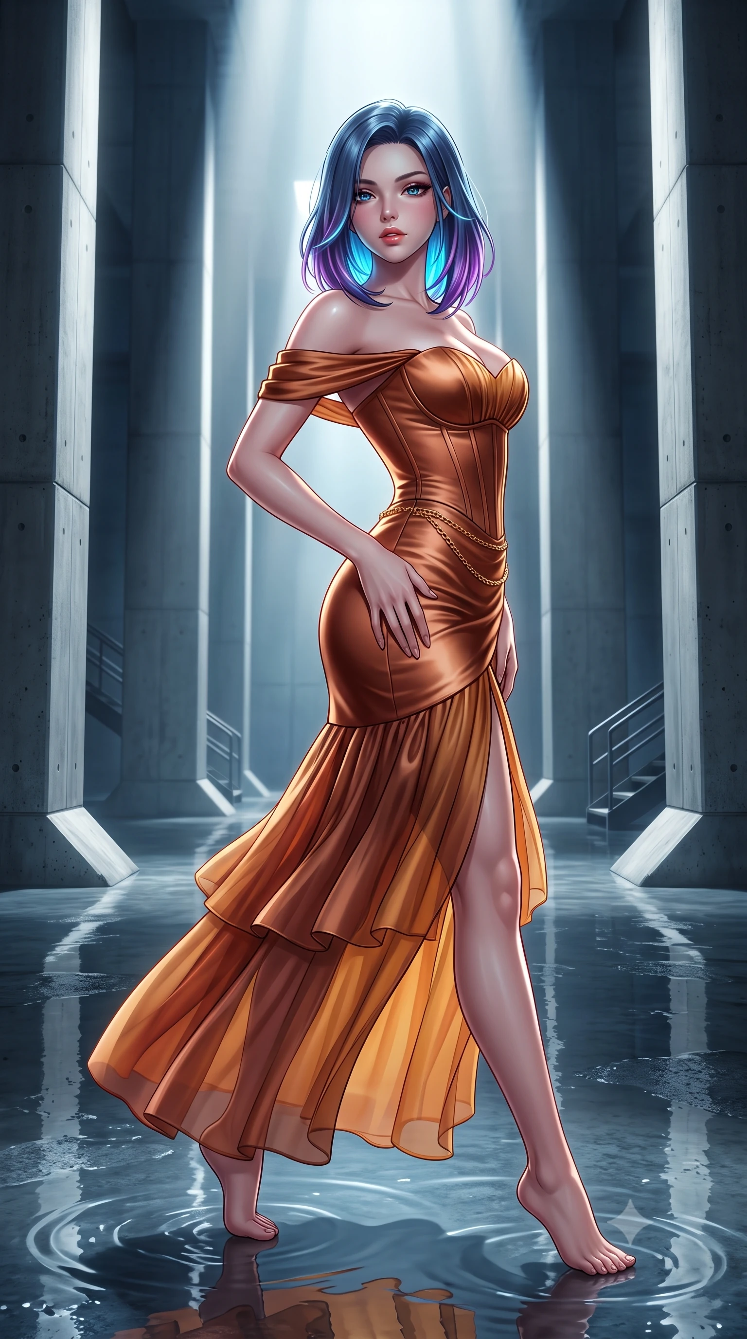 score_9, masterpiece, best quality, ultra-detailed, high-budget anime keyframe, semi-realistic 3D game render, editorial fashion photography, tasteful artistic composition, Caucasian woman. close-up cowboy shot from the waist and thighs up, the character dominates the composition, filling the frame with her large presence. arching her spine backward with effortless dancer poise, one hand sliding along her hip line as directional light carves specular highlights along her silhouette while striding across the reflective wet subterranean floor, her aerodynamic liquid-finish gown clinging to her narrow waist and long slender legs. The surrounding environment is rendered in vivid detail and crisp panoramic clarity. sharp raw concrete formwork seams, water puddle surface caustics, and distant service stairway railings in deep focus. She has an exceptionally elegant, slender, and willowy female figure with an ultra-slim waist, flat toned midriff, narrow ribcage, and sculpted feminine hips creating an alluring, slim hourglass silhouette without bulk. sharp v-shaped jawline, high-bridge nose, intricate jewel-like eyes with depth, thick eyelashes, glossy parted lips with a natural sheen, intensely captivating and seductive bedroom-eyes expression, flawlessly proportioned anatomical accuracy, strict slender model proportions, natural body alignment, perfectly sculpted long slender limbs, ultra-slim waistline, clean dynamic posture without body distortion. wearing an off-shoulder French court corset bodice dress paired with a tiered translucent chiffon slit skirt in rich copper bronze and warm amber, tailored from ultra-smooth duchess satin with a pearlescent sheen, accented with a delicate gold chain belt resting loosely on her curvy hips, the liquid-tight tailored fabric clinging flawlessly to her narrow waist and rounded feminine hips, emphasizing every millimeter of her sculpted slim hourglass curves without any bulky heaviness. bathed in dramatic architectural floodlights beaming down between giant pillars creating high-contrast chiaroscuro. highly saturated vibrant anime colors, detailed shading with soft gradients, rich glossy textures, high-contrast stereoscopic depth, volumetric dynamic lighting, master piece, 9:16 ratio