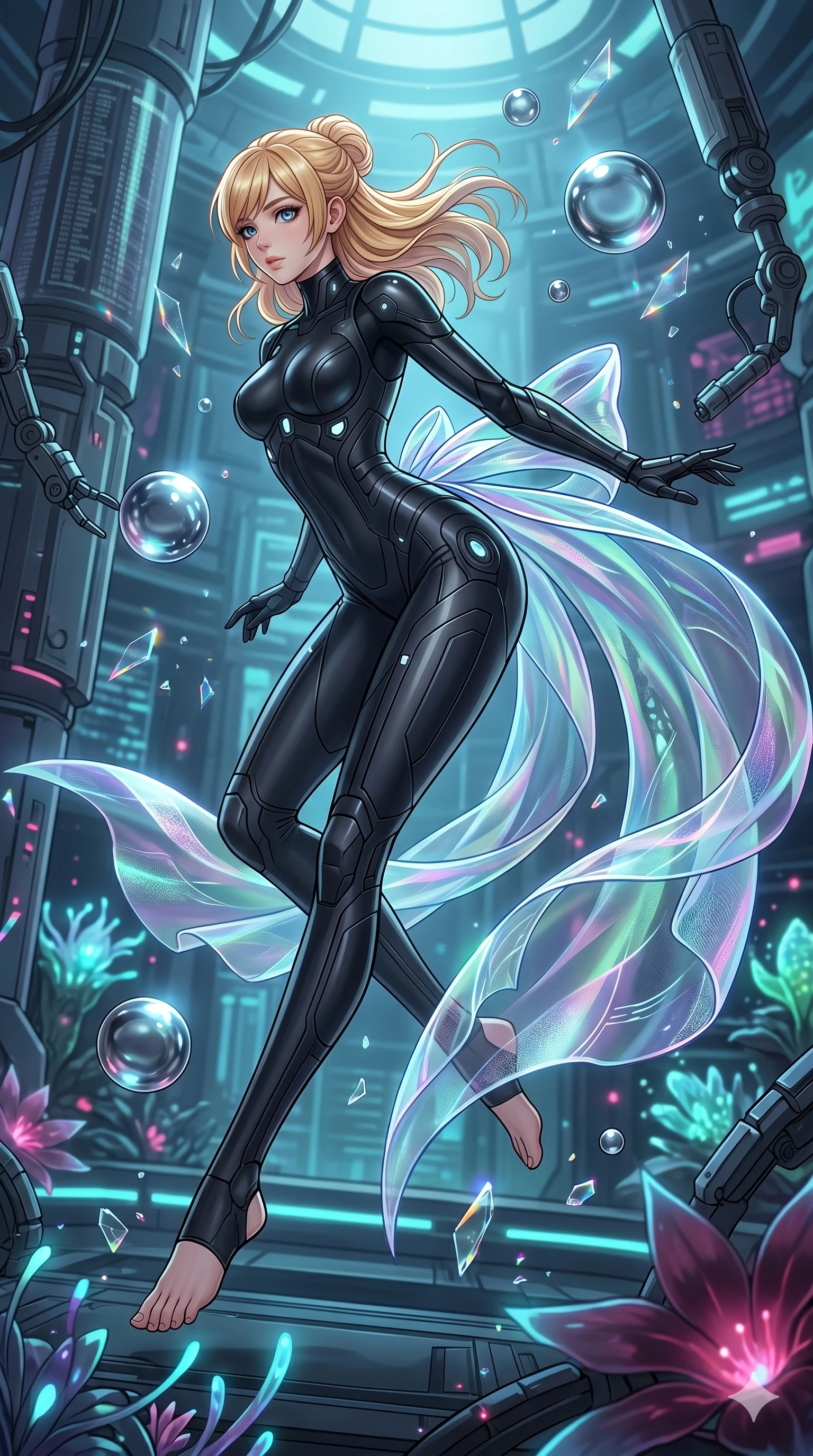 score_9, masterpiece, best quality, ultra-detailed, high-budget anime keyframe, editorial fashion photography, tasteful artistic composition, Caucasian woman, strictly human ears. low angle full-body shot from head to toe showing her feet, filling the entire 9:16 vertical frame with her statuesque presence, stretching her vertical silhouette. diving deep into through a futuristic laboratory filled with levitating liquid metal spheres as floating shattered glass shards refract light like tiny prisms. She has an absolutely perfect 8-heads proportion, an exceptionally tall and slender female figure with impossibly long slender legs and an ultra-slim waist. V-shaped jawline, high-bridge nose, intricate jewel-like eyes with depth, thick eyelashes, glossy lips with a natural sheen.. wearing a cybernetic bodysuit with a holographic ribbon, featuring a sculpted sleek black performance bodysuit wrapped in a translucent flowing holographic organza ribbon. enhanced by the soft inner light of bioluminescent flora and neon embers in the background. 2k, ultra detail, master piece, 9:16 ratio