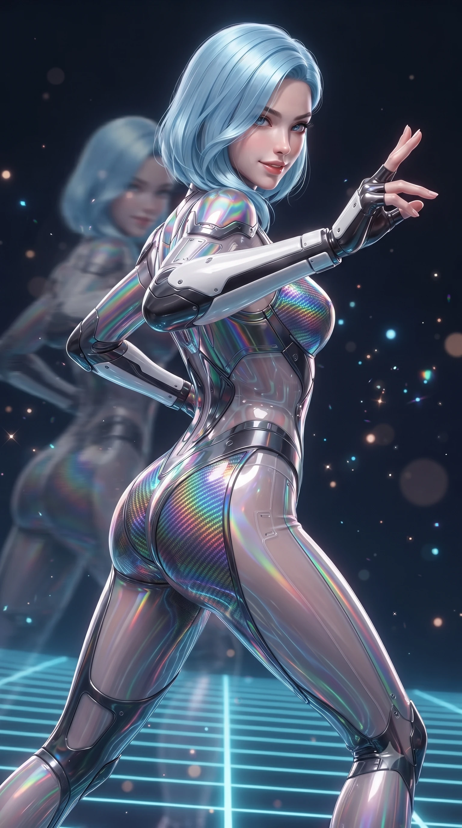score_9, masterpiece, best quality, ultra-detailed, high-budget anime keyframe, editorial fashion photography, tasteful artistic composition, Korean woman. close-up cowboy shot from the waist and thighs up, the character dominates the composition, filling the frame with her large presence. resting one hand in a defensive deflective posture while glancing over her shoulder with thick eyelashes and a confident, smoldering combat half-smile while shifting at supersonic speed across a glowing quantum grid floor, leaving translucent holographic after-images in her wake. The composition keeps background elements in soft focus with creamy bokeh. sparkling holographic data particles scattering soft glowing light motes across a deep tech backdrop. She has an exceptionally elegant, slender, and willowy female figure with an ultra-slim waist, a gracefully sculpted slender torso, toned flat midriff, and a refined slim silhouette. sharp v-shaped jawline, high-bridge nose, intricate jewel-like eyes with depth, thick eyelashes, glossy lips with a natural sheen, flawlessly proportioned anatomical accuracy, strict slender model proportions, natural body alignment, perfectly sculpted long slender limbs, ultra-slim waistline, clean dynamic posture without body distortion. wearing a high-gloss iridescent rainbow carbon-weave bodysuit with translucent cybernetic panels and Damascus-steel forearm bracers in monochrome white enamel carbon with high-contrast black panels, made of lightweight aerodynamic carbon-titanium alloy with polished edge bevels, finished with high-mobility flexible limb seams and miniature magnetic armor locks, the liquid-tight tailored fabric emphasizing every curve of her tall, slender model proportions and sculptured silhouette during dynamic movement. illuminated by sharp specular highlights tracing her ultra-slim waist, long legs, and sculpted collarbones. ultra-reflective glossy finish, specular highlights, dark metallic sheen, high-contrast stereoscopic depth, volumetric dynamic lighting, 2k, ultra detail, master piece, 9:16 ratio