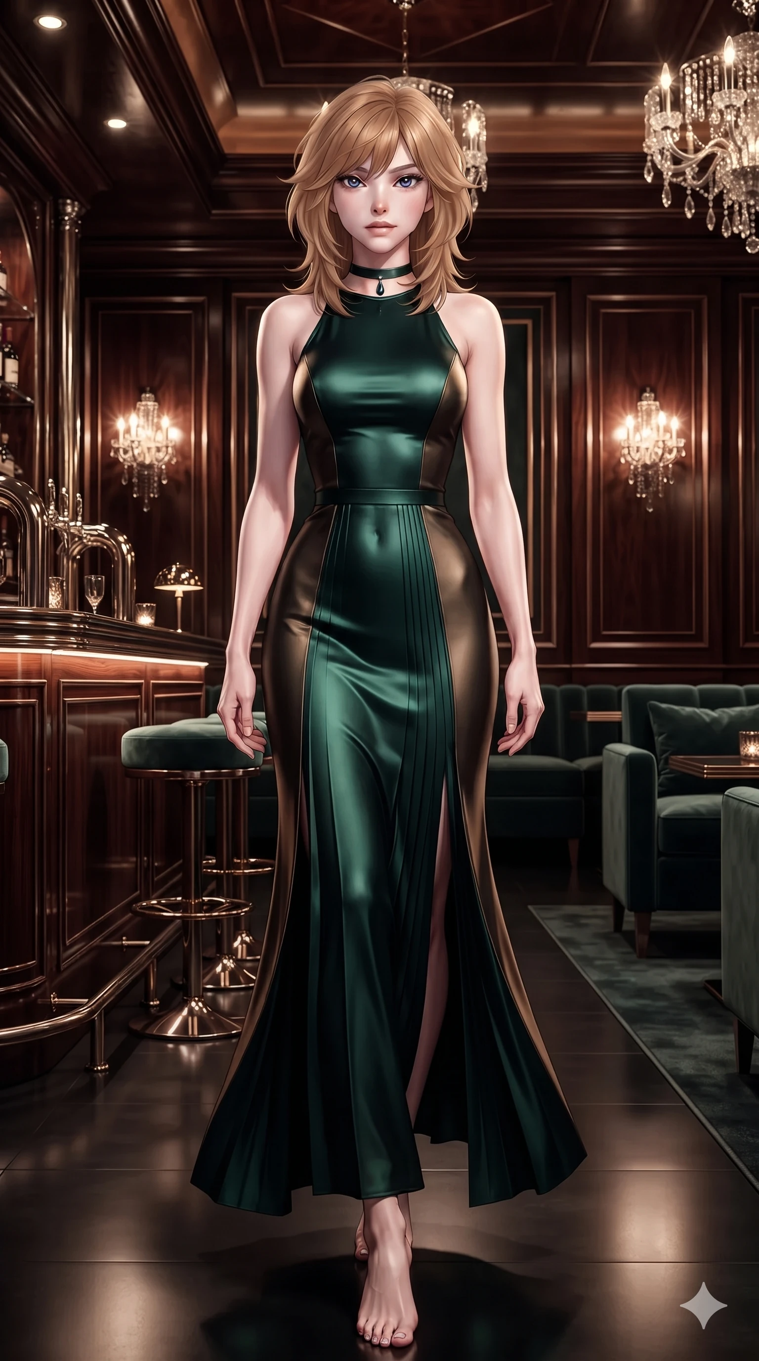 score_9, masterpiece, best quality, ultra-detailed, high-budget anime keyframe, editorial fashion photography, tasteful artistic composition, Korean woman. low angle full-body shot from head to toe showing her feet, filling the entire 9:16 vertical frame with her statuesque presence, stretching her vertical silhouette. navigating the midnight sanctuary with an effortless, graceful stride, hips swaying in an alluring sensual rhythm while standing tall beside the high-roller private salon bar, arching her spine with sovereign dark glamour as chandelier prisms glint in her hair. The surrounding environment is rendered in vivid detail and crisp panoramic clarity: detailed backless liquid vinyl slip dress cling, sculpted chrome rings, and opulent private salon decor in razor-sharp precision. She has an absolutely perfect, statuesque 8.5-heads proportion, an exceptionally tall and slender model-like female figure with impossibly long slender legs, an ultra-slim waist, a flat toned midriff, narrow delicate ribcage, and beautifully sculpted feminine hips creating a graceful, slim hourglass silhouette without any bulky heaviness. sharp v-shaped jawline, high-bridge nose, intricate jewel-like dark sparkling eyes with hypnotic seductive depth, thick curled eyelashes, glossy parted lips with a natural wine sheen, alluring bedroom-eyes with an enigmatic smoldering smile, exuding magnetic sovereign charisma and dark avant-garde glamour, flawlessly proportioned anatomical accuracy, strict slender model proportions, natural body alignment, perfectly sculpted long slender limbs, ultra-slim waistline, clean dynamic posture without body distortion. wearing a high-neck liquid satin evening cape gown with modest pleated column skirt in dark emerald green and antique bronze, woven from matte carbon-fiber weave with high-tech structural hold, finished with a minimalist dark choker and a single teardrop pendant, accentuating her gracefully sculpted slender torso and statuesque proportions. illuminated by polished mahogany table bounce and sharp champagne-gold rim lights sculpting her razor-sharp jawline, narrow waist, and curvy hips. ultra-reflective glossy finish, specular highlights, metallic sheen, high-contrast stereoscopic depth, volumetric dynamic lighting, 2k, ultra detail, master piece, 9:16 ratio