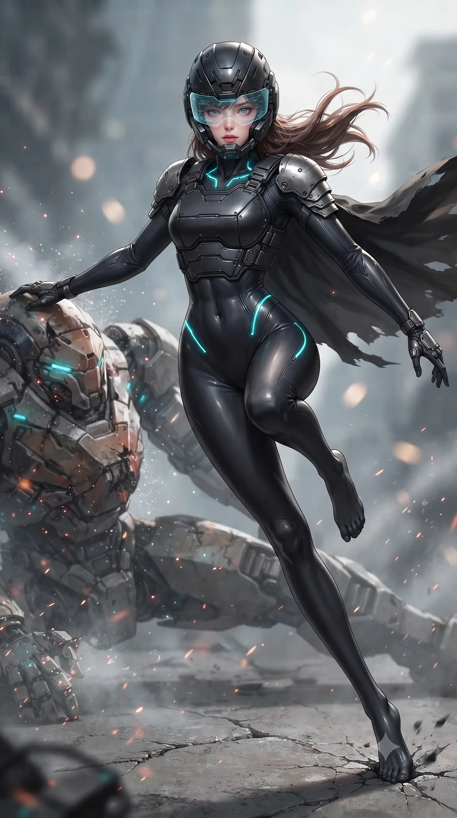 score_9, masterpiece, best quality, ultra-detailed, high-budget anime keyframe, editorial fashion photography, tasteful artistic composition, Korean woman. low angle full-body shot from head to toe showing her feet, filling the entire 9:16 vertical frame with her statuesque presence, stretching her vertical silhouette. pivoting dynamically in a high-speed low sweep kick along the cracked concrete, her athletic torso and ultra-slim waist twisting in a fluid arc of power while stepping along the giant mech's shoulder armor with wind whipping through her dark hair and tactical cape. The composition keeps background elements in soft focus with creamy bokeh. sparkling coolant mist and glowing status LEDs scattering soft light motes across a battleground backdrop. She has an absolutely perfect, statuesque 8.5-heads proportion, an exceptionally tall and slender model-like female figure with impossibly long slender legs, a toned flat midriff, and an ultra-slim waist. sharp v-shaped jawline, high-bridge nose, intricate jewel-like eyes with depth, thick eyelashes, glossy lips with a natural sheen, fierce and resolute heroine expression, flawlessly proportioned anatomical accuracy, strict slender model proportions, natural body alignment, perfectly sculpted long slender limbs, ultra-slim waistline, clean dynamic posture without body distortion. wearing an open-face aerodynamic carbon-fiber combat helmet with a retracted transparent holographic HUD visor framing her sharp jawline and jewel-like eyes, paired with a heavy modular carbon-fiber combat cuirass paired with a second-skin tactical leotard and reinforced titanium shoulder pauldrons in matte battle-worn obsidian carbon with electric cyan hazard conduits, made of liquid carbon-jersey fabric accentuating every curve of her tall, slender model proportions, accented with glowing fiber-optic telemetry conduits tracing her collarbones and hip curves, the form-contouring material adhering flawlessly to her sculpted flat midriff and slender torso, emphasizing her long leg lines and perfectly proportioned willowy build. surrounded by a triumphant, exhausted yet indomitable lone heroine sovereignty aura. ultra-reflective glossy finish, specular highlights, dark metallic sheen, high-contrast stereoscopic depth, volumetric dynamic lighting, 2k, ultra detail, master piece, 9:16 ratio
