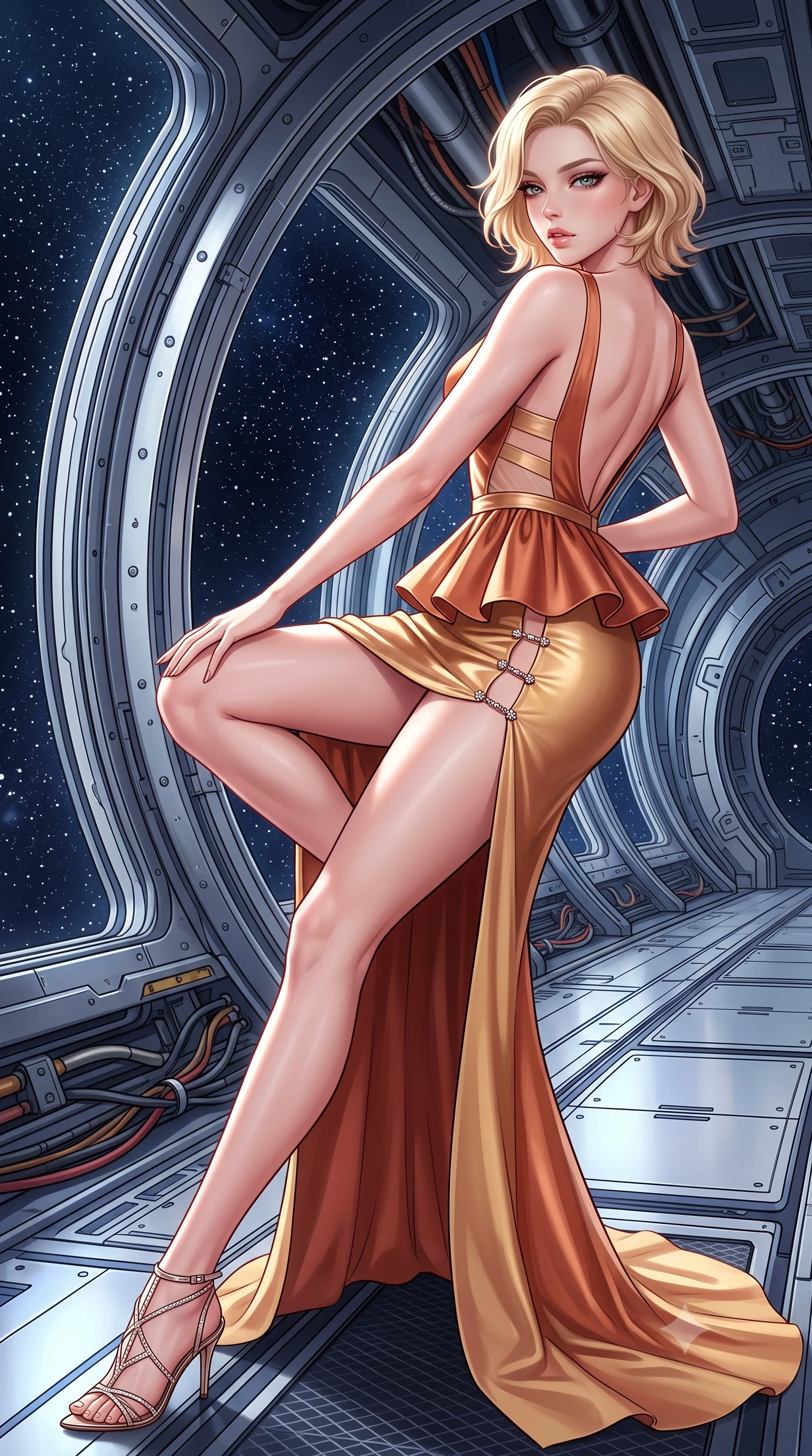 score_9, masterpiece, best quality, ultra-detailed, high-budget anime keyframe, semi-realistic 3D game render, editorial fashion photography, tasteful artistic composition, Caucasian woman. low angle full-body shot from head to toe showing her feet, filling the entire 9:16 vertical frame with her statuesque presence, stretching her vertical silhouette. reclining on her side in an elegant Cleopatra pose with one knee drawn up, the dramatic contour of her rounded hips and long slender legs commanding the 9:16 vertical frame while pivoting gracefully along the illuminated orbital corridor, her liquid metallic garments clinging to her sculpted flat midriff and feminine hips. The surrounding environment is rendered in vivid detail and crisp panoramic clarity. sharp curved station viewport frames, titanium bulkhead rivets, and magnetic deck seams in deep focus. She has an exceptionally tall and slender model-like 8.5-heads proportion, an ultra-slim waist, a flat toned midriff, narrow delicate ribcage, and beautifully sculpted feminine hips creating a graceful, slim hourglass silhouette without any bulky heaviness, with impossibly long slender legs. sharp v-shaped jawline, high-bridge nose, intricate jewel-like eyes with depth, thick eyelashes, glossy parted lips with a natural sheen, intensely captivating and seductive bedroom-eyes expression, flawlessly proportioned anatomical accuracy, strict slender model proportions, natural body alignment, perfectly sculpted long slender limbs, ultra-slim waistline, clean dynamic posture without body distortion. wearing a structural geometric peplum gown with sheer side-ribbon cutouts and form-fitting skirt in desert terracotta copper and sun-baked sand gold, made of fluid silk crepe with delicate inner corsetry boning, finished with an ultra-high side slit secured by miniature jeweled clasps, the dramatically scooped open back descending to the base of her spine, accentuating her razor-sharp statuesque lines and slim hourglass silhouette. surrounded by a celestial, sovereign, and breathlessly magnificent orbital empress aura. highly saturated vibrant anime colors, detailed shading with soft gradients, rich glossy textures, high-contrast stereoscopic depth, volumetric dynamic lighting, master piece, 9:16 ratio