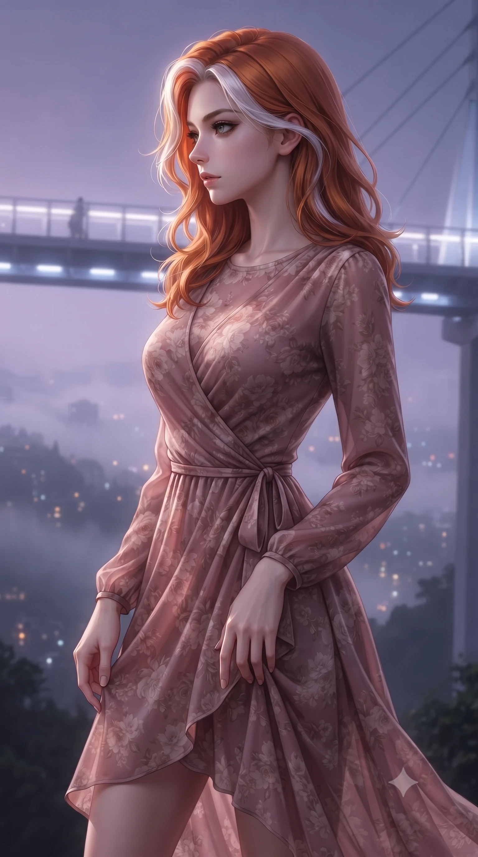 score_9, masterpiece, best quality, ultra-detailed, high-budget anime keyframe, editorial fashion photography, tasteful artistic composition, Caucasian woman. close-up cowboy shot from the waist and thighs up, the character dominates the composition, filling the frame with her large presence, background elements kept in soft focus. turning her face in sharp profile, casting a cold, mysterious, yet intensely alluring side gaze, the background shows a soft-focus a high-rise skywalk bridge overlooking an illuminated fog-draped city valley. She has an exceptionally elegant, slender, and willowy female figure with an ultra-slim waist, a gracefully sculpted slender torso, and a refined silhouette. sharp v-shaped jawline, high-bridge nose, intricate jewel-like eyes with depth, thick eyelashes, glossy lips with a natural sheen. wearing a form-contouring flowy floral-patterned wrap dress in dusty rose chiffon with long sleeves and a modest crew neck. soft diffused violet atmosphere with crisp silver edge lighting. ultra-reflective glossy finish, specular highlights, metallic sheen, high-contrast stereoscopic depth, volumetric dynamic lighting, 2k, ultra detail, master piece, 9:16 ratio
