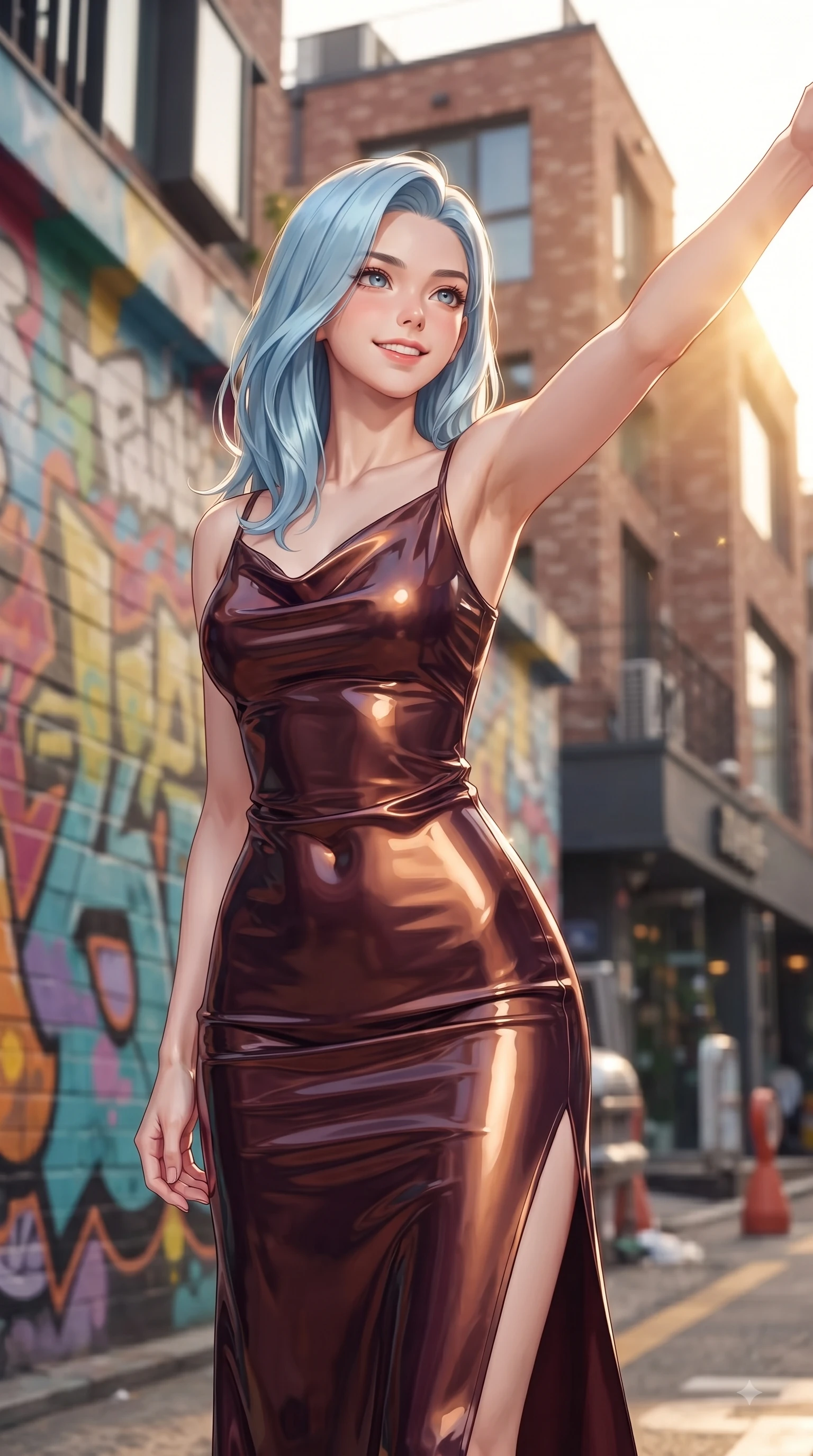 score_9, masterpiece, best quality, ultra-detailed, high-budget anime keyframe, editorial fashion photography, tasteful artistic composition, Korean woman. close-up cowboy shot from the waist and thighs up, the character dominates the composition, filling the frame with her large presence, background elements kept in soft focus. Extending one arm in an elegant stretch toward the light while smiling with vibrant, youthful self-assurance while poised gracefully in front of a colorful graffiti wall on Hongdae fashion street at golden hour, warm golden hour sunbursts filtering between modern brick buildings. She has an exceptionally elegant, slender, and willowy female figure with an ultra-slim waist, a gracefully sculpted slender torso, and a refined silhouette. sharp v-shaped jawline, high-bridge nose, intricate jewel-like eyes with depth, thick eyelashes, glossy lips with a natural sheen, flawlessly proportioned anatomical accuracy, natural body alignment, perfectly sculpted elegant limbs, clean dynamic posture without body distortion. wearing an elegant cowl-neck satin midi dress with a graceful draped neckline in deep burgundy and bronze, tailored from high-gloss patent leather, finished with a sleek side slit ascending to mid-thigh, the form-contouring material highlighting her ultra-slim waist and long lines. bathed in bright golden hour sunshine and warm urban ambient illumination. ultra-reflective glossy finish, specular highlights, metallic sheen, high-contrast stereoscopic depth, volumetric dynamic lighting, 2k, ultra detail, master piece, 9:16 ratio