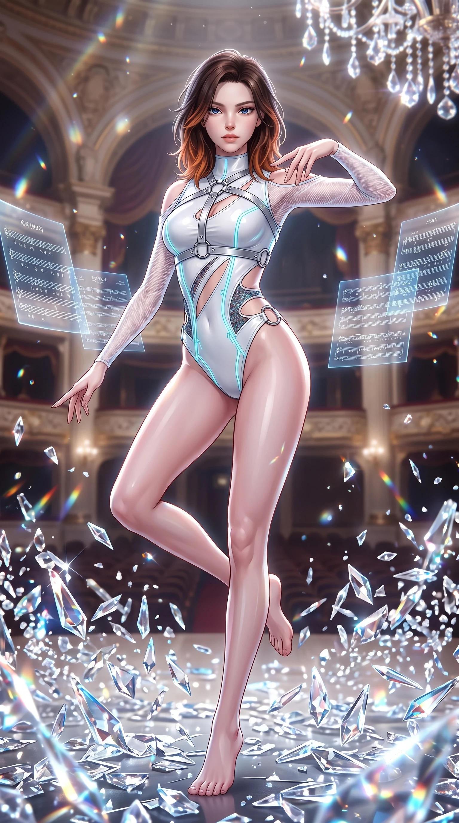 score_9, masterpiece, best quality, ultra-detailed, high-budget anime keyframe, semi-realistic 3D game render, editorial fashion photography, tasteful artistic composition, Korean woman. low angle full-body shot from head to toe showing her feet, filling the entire 9:16 vertical frame with her statuesque presence, stretching her vertical silhouette. pivoting dynamically in mid-motion with a breathtakingly alluring posture, displaying her flawless model proportions and ultra-slim waist while standing with regal posture amidst thousands of shattered crystal chandelier prisms on an opera stage. The composition keeps background elements in soft focus with creamy bokeh. floating holographic sheet music and chandelier refractions scattering light across a majestic backdrop. She has an absolutely perfect, statuesque 8.5-heads proportion, an exceptionally tall and slender model-like female figure with impossibly long slender legs and an ultra-slim waist. sharp v-shaped jawline, high-bridge nose, intricate jewel-like eyes with depth, thick eyelashes, glossy lips with a natural sheen, flawlessly proportioned anatomical accuracy, natural body alignment, perfectly sculpted elegant limbs, clean dynamic posture without body distortion. wearing an ultra-sleek high-cut tech-bodysuit featuring dangerous diagonal slitted cutouts on the midriff and shoulders, reinforced by a metallic silver harness and sheer mesh sleeves in pure snow white latex and glowing cyan circuit seams, crafted from delicate dark lace interwoven with luminescent micro-fibers, detailed with polished silver rings connecting the daring side-waist cutouts, the sleek aerodynamic cut emphasizing her magnetic presence and alluring physical grace. illuminated by sparkling crystal refractions and crisp white front key lighting. highly saturated vibrant anime colors, detailed shading with soft gradients, rich glossy textures, high-contrast stereoscopic depth, volumetric dynamic lighting, master piece, 9:16 ratio