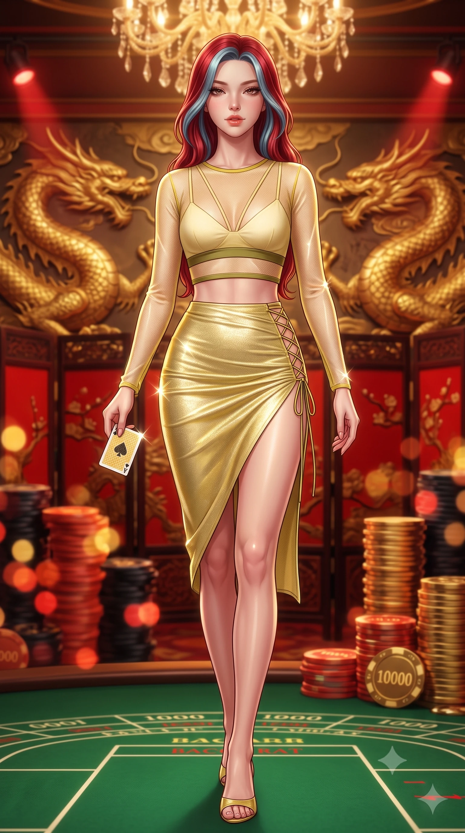 score_9, masterpiece, best quality, ultra-detailed, high-budget anime keyframe, semi-realistic 3D game render, editorial fashion photography, tasteful artistic composition, Caucasian woman. low angle full-body shot from head to toe showing her feet, filling the entire 9:16 vertical frame with her statuesque presence, stretching her vertical silhouette. stepping slowly toward the camera with hypnotic grace, hips swaying in an alluring sensual rhythm that accentuates her curvy hourglass silhouette and long slender legs while sitting at the green baize baccarat table with hips angled back, slowly squeezing a high-value playing card with smoldering bedroom-eyes. The background shows a soft-focus colossal embossed gold-leaf dragon murals, red lacquered screens, and stacks of thousand-dollar gaming plaques blurred into vermilion, gold, and obsidian bokeh. She has an absolutely perfect, statuesque 8.5-heads proportion, an exceptionally tall and slender model-like female figure with impossibly long slender legs, an ultra-slim waist, a flat toned midriff, narrow delicate ribcage, and beautifully sculpted feminine hips creating a graceful, slim hourglass silhouette without any bulky heaviness. sharp v-shaped jawline, high-bridge nose, sparkling eyes with hypnotic seductive depth, thick curled eyelashes, glossy parted lips with a natural dewy peach sheen, alluring bedroom-eyes with an enchanting coquettish smile, exuding magnetic siren charisma and sophisticated glamour, flawlessly proportioned anatomical accuracy, strict slender model proportions, natural body alignment, perfectly sculpted long slender limbs, ultra-slim waistline, clean dynamic posture without body distortion. wearing a delicate sheer mesh long-sleeve crop top layered over an opaque strappy micro-bralette and tight metallic skirt in sunlit daisy yellow and gardenia cream with olive accents, woven from stretch metallic lurex jersey casting radiant starlight glints across her silhouette, featuring fine criss-cross lace-up side ties revealing tantalizing glimpses of her hip curve, the high-slit wrap tailoring accentuating her ultra-slim waistline and the enchanting curve of her feminine hips with alluring seductive charm. bathed in warm 2700K incandescent crystal chandelier radiance mixed with red accent spotlights. highly saturated vibrant anime colors, detailed shading with soft gradients, rich glossy textures, high-contrast stereoscopic depth, volumetric dynamic lighting, master piece, 9:16 ratio