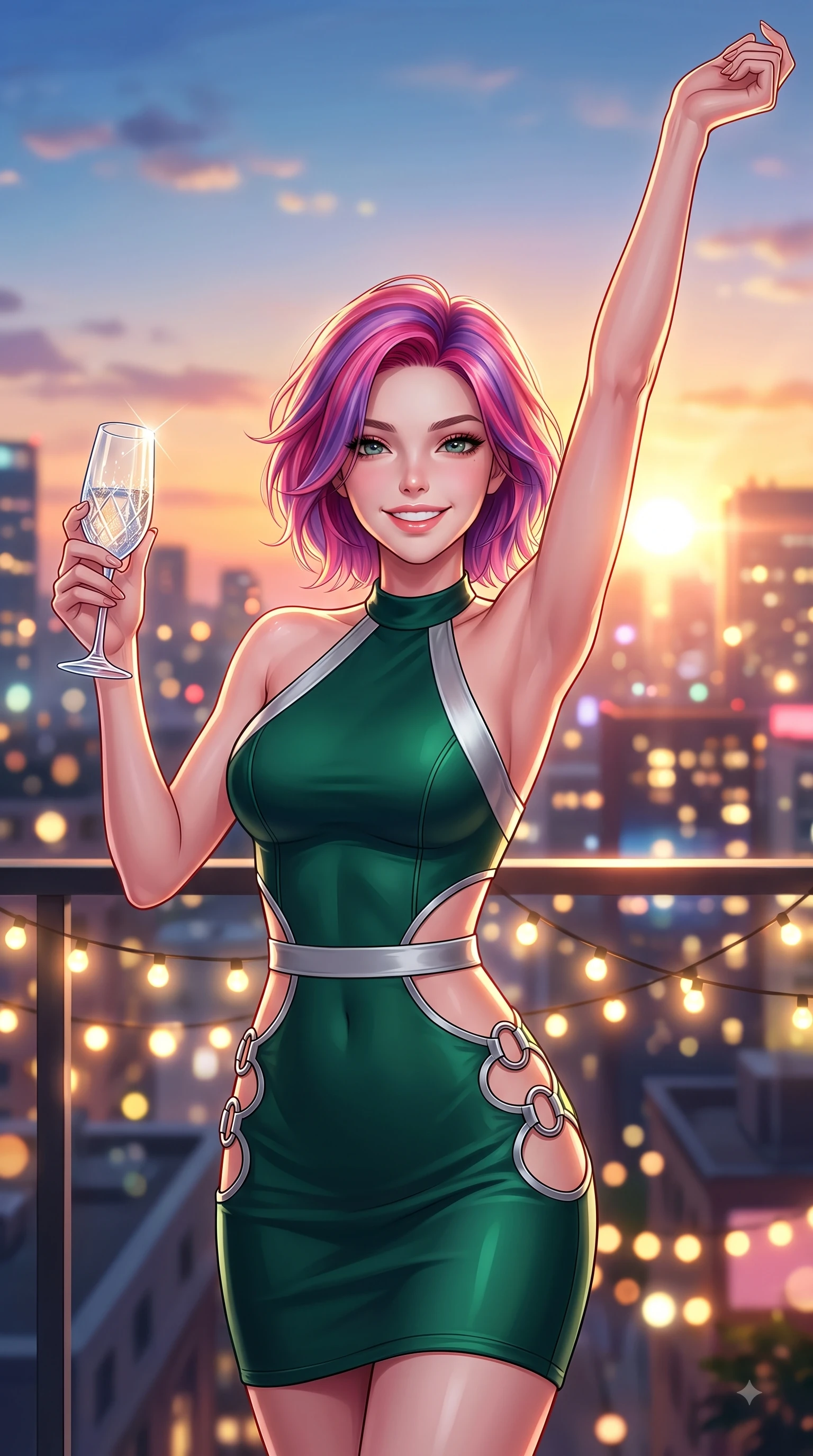 score_9, masterpiece, best quality, ultra-detailed, high-budget anime keyframe, editorial fashion photography, tasteful artistic composition, Caucasian woman. close-up cowboy shot from the waist and thighs up, the character dominates the composition, filling the frame with her large presence, background elements kept in soft focus. Extending one arm in an elegant stretch toward the sun while smiling with vibrant, magnetic self-assurance while raising a crystal glass with a radiant bright smile during a sunset rooftop celebration, glistening city lights and warm string fairy lamps creating rich ambient bokeh. She has an exceptionally elegant, slender, and willowy female figure with an ultra-slim waist, a gracefully sculpted slender torso, and a refined silhouette. sharp v-shaped jawline, high-bridge nose, intricate jewel-like eyes with depth, thick eyelashes, glossy lips with a natural sheen, flawlessly proportioned anatomical accuracy, natural body alignment, perfectly sculpted elegant limbs, clean dynamic posture without body distortion. wearing a deep-scoop halter bodycon dress with hip cutouts connected by silver rings in deep emerald green and silver accent, formed from sleek second-skin neoprene, featuring subtle geometric cutouts that highlight her ultra-slim midriff, the form-contouring material highlighting her ultra-slim waist and long lines. illuminated by cheerful city skyline backlighting and vibrant rim lights. highly saturated vibrant anime colors, detailed shading with soft gradients, rich glossy textures, high-contrast stereoscopic depth, volumetric dynamic lighting, master piece, 9:16 ratio