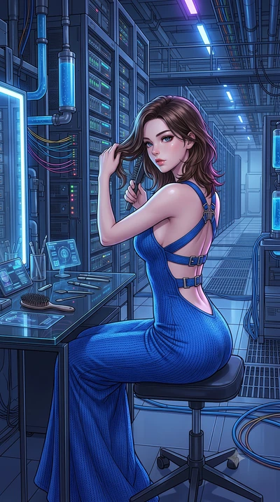 score_9, masterpiece, best quality, ultra-detailed, High-budget Anime Keyframe, East Asian woman. Dynamic full-body shot stretching the vertical silhouette to the limit. Scenario 410: brushing her hair while seated before a vanity of black glass in a