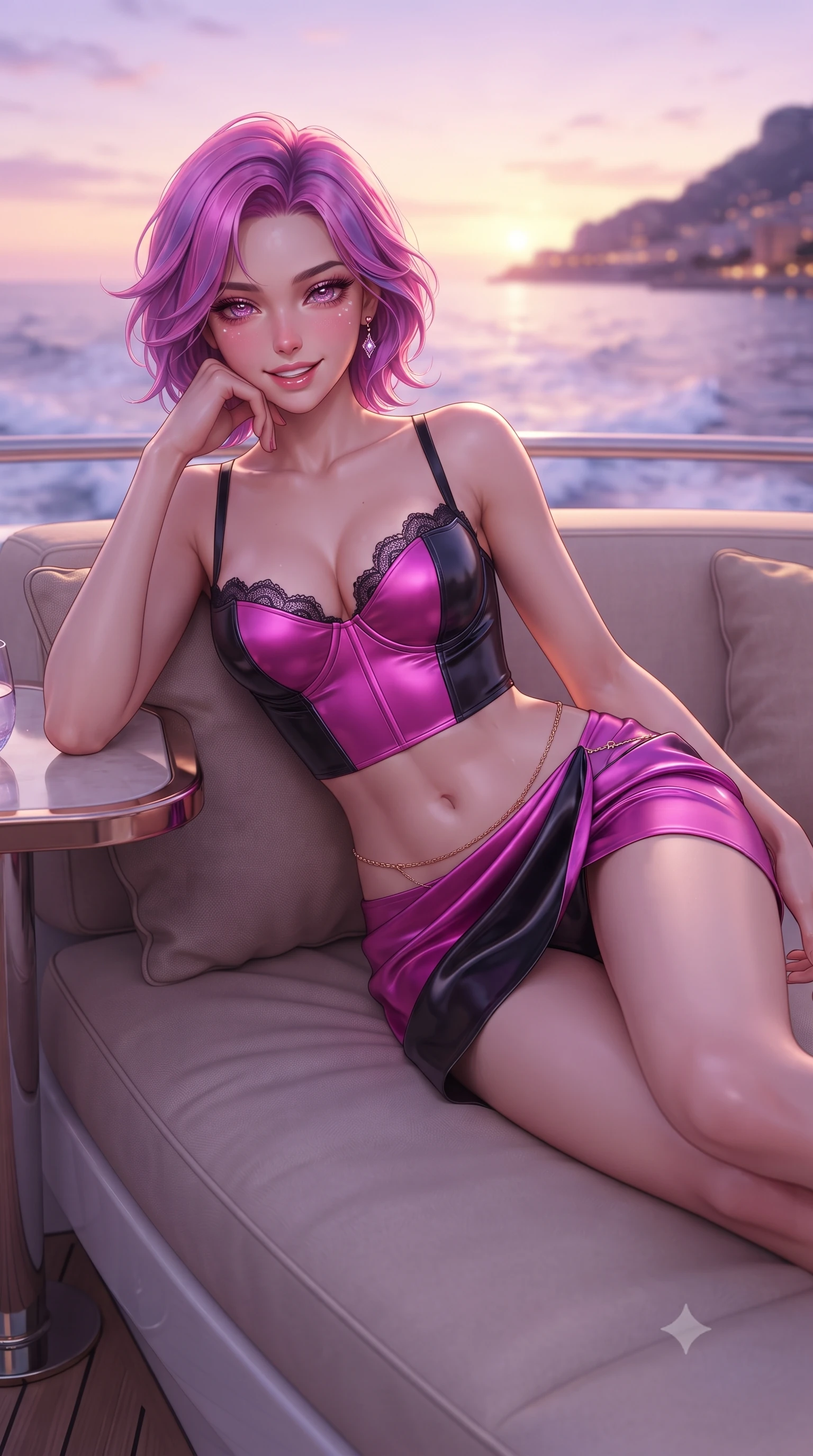 score_9, masterpiece, best quality, ultra-detailed, high-budget anime keyframe, editorial fashion photography, tasteful artistic composition, Caucasian woman. close-up cowboy shot from the waist and thighs up, the character dominates the composition, filling the frame with her large presence. resting one elbow on the table and supporting her chin, leaning close to the camera with heavy-lidded sparkling eyes and parted lips while lounging gracefully across the oversized plush sunbed propped on one elbow, displaying her long slender limbs and statuesque hourglass silhouette. The background shows a soft-focus endless purple and gold sunset horizon over the Côte d'Azur, distant Monaco cliffside lights, and gentle wake ripples blurred into coral, lavender, and sapphire bokeh. She has an exceptionally elegant, slender, and willowy female figure with an ultra-slim waist, flat toned midriff, narrow ribcage, and sculpted feminine hips creating an alluring, slim hourglass silhouette without bulk. sharp v-shaped jawline, high-bridge nose, intricate jewel-like sparkling eyes with depth, thick eyelashes, glossy parted lips with a natural peach sheen, bright cheerful beaming smile with an enchanting and coquettish sensual glint, exuding both youthful cute charm and seductive allure, flawlessly proportioned anatomical accuracy, strict slender model proportions, natural body alignment, perfectly sculpted long slender limbs, ultra-slim waistline, clean dynamic posture without body distortion. wearing a sculpted underwire demi-bustier in satin paired with an ultra-short draped wrap tulip skirt and gold hip chain in Tokyo neon cyber magenta and glossy obsidian black, tailored from crisp duchess satin with architectural structure and high-gloss luster, finished with scalloped eyelash lace trim framing her sweetheart neckline with intimate elegance, the second-skin tailored fabric adhering flawlessly to her sculpted flat midriff and slender torso, emphasizing her long leg lines and perfectly proportioned willowy build. illuminated by jacuzzi water specular reflections and crisp bronze-gold rim lights defining her dewy collarbones, ultra-slim waist, and curvy hips. ultra-reflective glossy finish, specular highlights, rich textural contrasts, high-contrast stereoscopic depth, volumetric dynamic lighting, 2k, ultra detail, master piece, 9:16 ratio