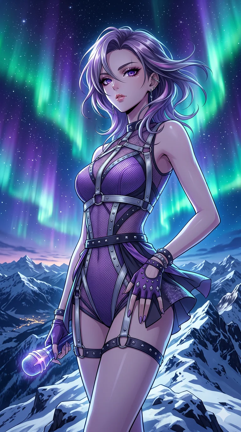 score_9, masterpiece, best quality, ultra-detailed, High-budget Anime Keyframe, beautiful Japanese anime girl. Upper body close-up from the thighs up, character filling the screen for maximum presence. Standing on a mountain top as the aurora borealis dances above in vibrant emerald and violet hues. She has an absolutely perfect 8-heads proportion, an exceptionally tall and slender female figure with impossibly long slender legs and an ultra-slim waist. Sharp v-shaped jawline, high-bridge nose, intricate jewel-like eyes with depth, thick eyelashes, glossy lips with a natural sheen. Wearing a K-Idol Stage outfit: silver leather harness over a purple mesh bodysuit with studded details. Background is a bright and colorful night sky with swirling lights and a snowy peak. 2k, ultra detail, master piece, 9:16 ratio