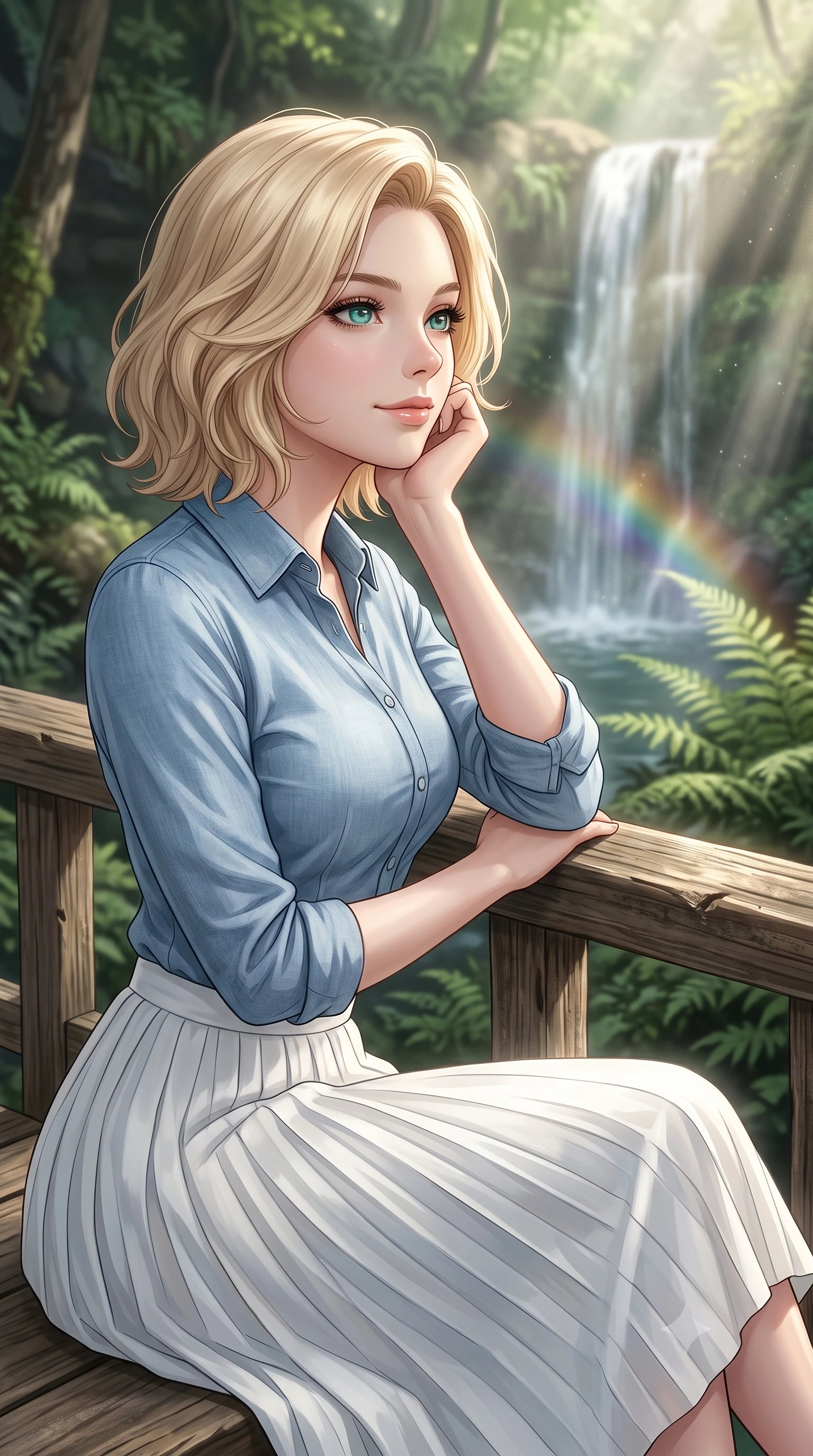 score_9, masterpiece, best quality, ultra-detailed, high-budget anime keyframe, editorial fashion photography, tasteful artistic composition, Caucasian woman woman. close-up cowboy shot from the waist and thighs up, the character dominates the composition, filling the frame with her large presence, background elements kept in soft focus. resting her chin on her hand, looking out at the beautiful scenery with a soft smile the background shows a soft-focus a wooden viewing deck at the base of a small forest waterfall surrounded by lush ferns. She has an exceptionally elegant, slender, and willowy female figure with an ultra-slim waist, a gracefully sculpted slender torso, and a refined silhouette. sharp v-shaped jawline, high-bridge nose, intricate jewel-like eyes with depth, thick eyelashes, glossy lips with a natural sheen. wearing a form-contouring comfortable light blue chambray shirt tucked into a white pleated midi skirt. sunbeams cutting through the water mist, creating a mini rainbow effect. 2k, ultra detail, master piece, 9:16 ratio