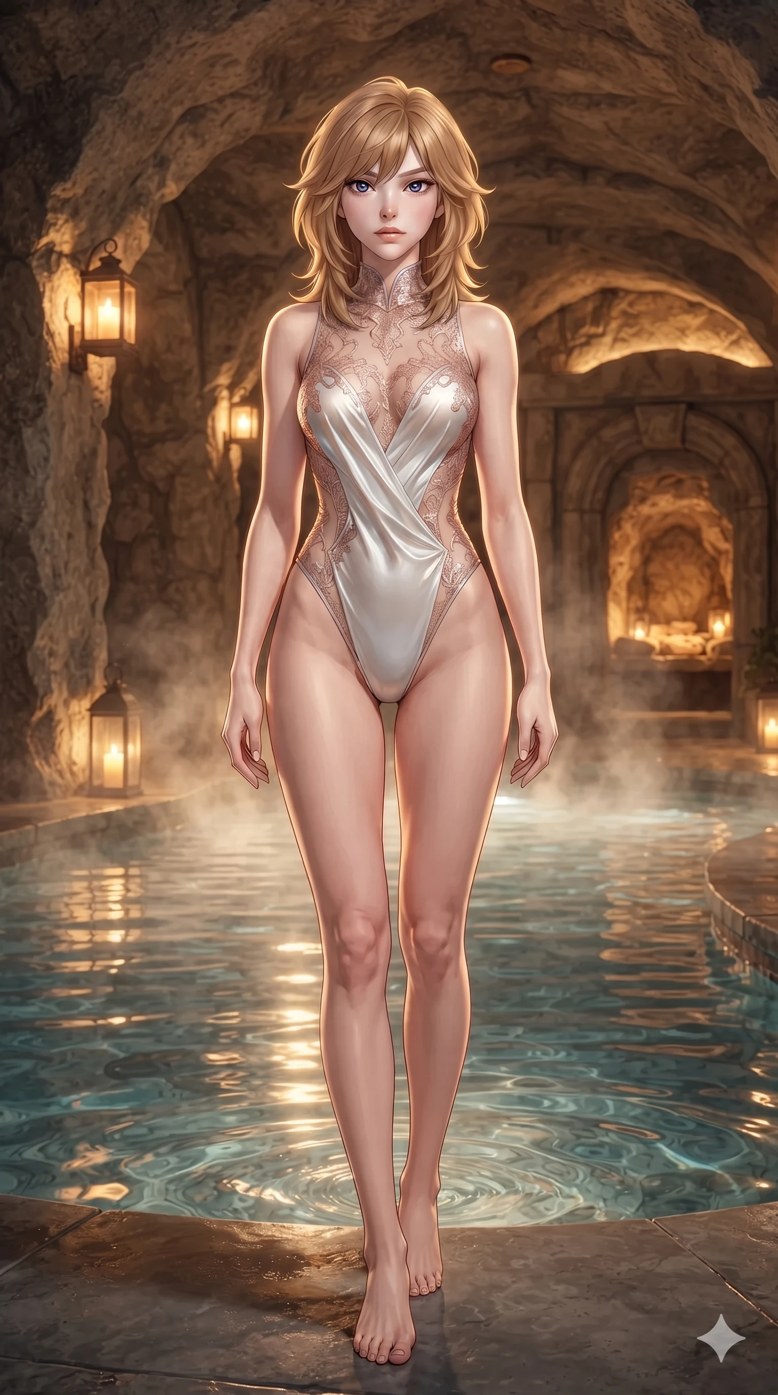 score_9, masterpiece, best quality, ultra-detailed, high-budget anime keyframe, editorial fashion photography, tasteful artistic composition, Korean woman. low angle full-body shot from head to toe showing her feet, filling the entire 9:16 vertical frame with her statuesque presence, stretching her vertical silhouette. sitting on the black basalt rock rim of the steaming geothermal lagoon, water droplets beading on her flat midriff and curvy hips while standing poised beside the steaming thermal plunge pool, arching her spine with ethereal siren poise as warm amber lantern light washes over her. The surrounding environment is rendered in vivid detail and crisp panoramic clarity: detailed second-skin maxi dress tailoring, sheer power-mesh side panels, and luxury cavern spa architecture in razor-sharp precision. She has an exceptionally tall and slender model-like 8.5-heads proportion, an ultra-slim waist, a flat toned midriff, narrow delicate ribcage, and beautifully sculpted feminine hips creating a graceful, slim hourglass silhouette without any bulky heaviness, with impossibly long slender legs. sharp v-shaped jawline, high-bridge nose, intricate jewel-like sparkling eyes with depth, thick eyelashes, glossy parted lips with a natural sheen, intensely captivating and seductive bedroom-eyes expression, exuding both youthful cute charm and sovereign luxury allure, flawlessly proportioned anatomical accuracy, strict slender model proportions, natural body alignment, perfectly sculpted long slender limbs, ultra-slim waistline, clean dynamic posture without body distortion. wearing a provocative sheer-illusion nanotech lace bodysuit with strategic metallic foil flocking and high-cut leg openings in celestial porcelain white and rose-gold, tailored from heavy double-faced silk georgette with an exceptionally fluid drape, featuring an open-back criss-cross harness strap in dark leather, the liquid-tight tailored fabric clinging flawlessly to her narrow waist and rounded feminine hips, emphasizing every millimeter of her sculpted slim hourglass curves without any bulky heaviness. illuminated by water reflection bounce and sharp amber-gold rim lights sculpting her razor-sharp jawline, narrow waist, and curvy hips. ultra-reflective glossy finish, specular highlights, rich textural contrasts, high-contrast stereoscopic depth, volumetric dynamic lighting, 2k, ultra detail, master piece, 9:16 ratio