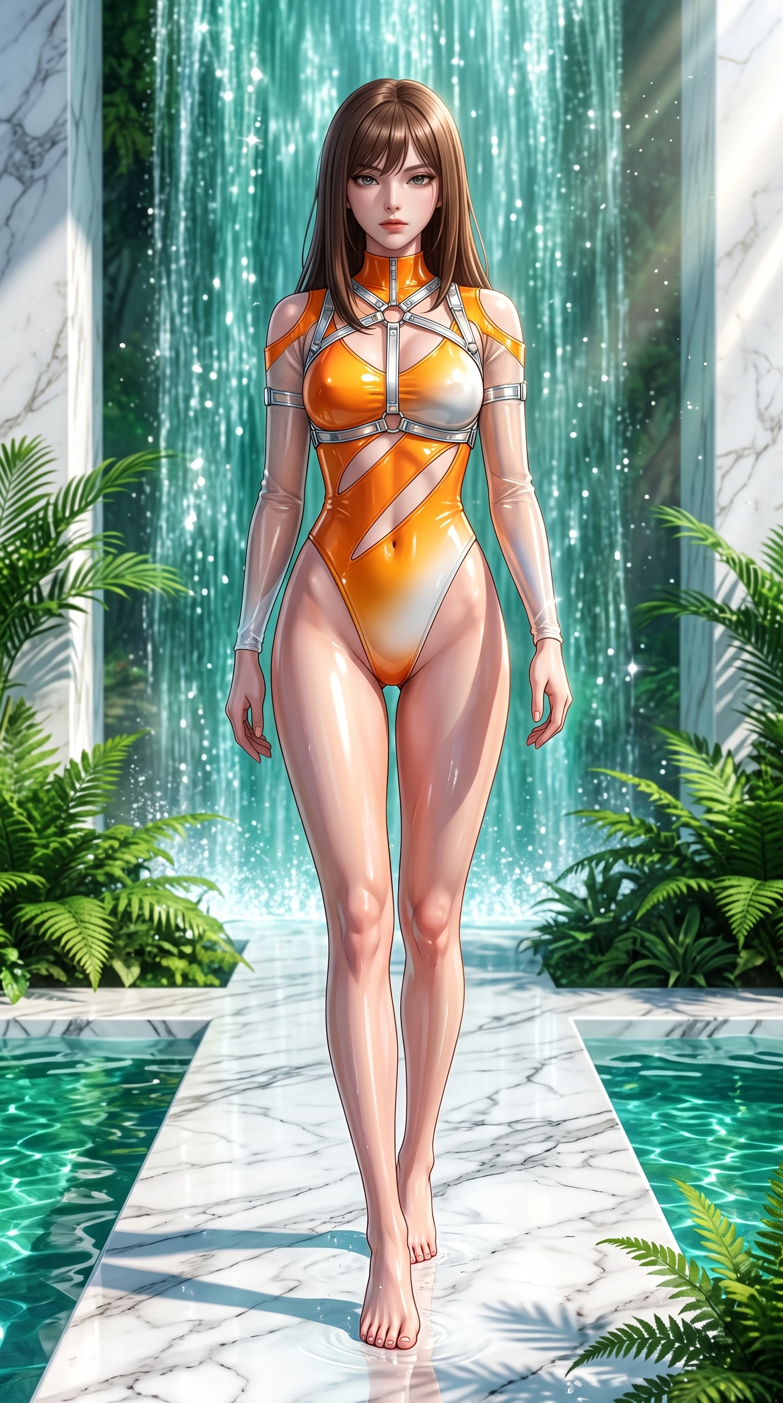 score_9, masterpiece, best quality, ultra-detailed, high-budget anime keyframe, semi-realistic 3D game render, editorial fashion photography, tasteful artistic composition, Korean woman. low angle full-body shot from head to toe showing her feet, filling the entire 9:16 vertical frame with her statuesque presence, stretching her vertical silhouette. striding forward in a proud, statuesque motion with a dangerous smolder, her vertical silhouette dominating the frame from head to toe while standing beneath a sun-drenched cascading waterfall of pure emerald water on a polished white marble dais. The surrounding environment is rendered in vivid detail and crisp panoramic clarity. intricate white marble stone veins, crystal-clear emerald water pools, and lush tropical ferns in deep focus. She has an absolutely perfect, statuesque 8.5-heads proportion, an exceptionally tall and slender model-like female figure with impossibly long slender legs, a toned flat midriff, and an ultra-slim waist. sharp v-shaped jawline, high-bridge nose, intricate jewel-like eyes with depth, thick eyelashes, glossy lips with a natural sheen, flawlessly proportioned anatomical accuracy, strict slender model proportions, natural body alignment, perfectly sculpted long slender limbs, ultra-slim waistline, clean dynamic posture without body distortion. wearing an ultra-sleek high-cut tech-bodysuit featuring dangerous diagonal slitted cutouts on the midriff and shoulders, reinforced by a metallic silver harness and sheer mesh sleeves in vivid sunset amber orange and cloud white, crafted from ultra-reflective second-skin latex with a high-gloss glass-like polish, reinforced by a sleek metallic chrome harness and delicate glowing micro-straps, the form-contouring material adhering flawlessly to her sculpted flat midriff and slender torso, emphasizing her long leg lines and perfectly proportioned willowy build. illuminated by sparkling water droplet refractions and crisp white key lighting. highly saturated vibrant anime colors, detailed shading with soft gradients, rich glossy textures, high-contrast stereoscopic depth, volumetric dynamic lighting, master piece, 9:16 ratio