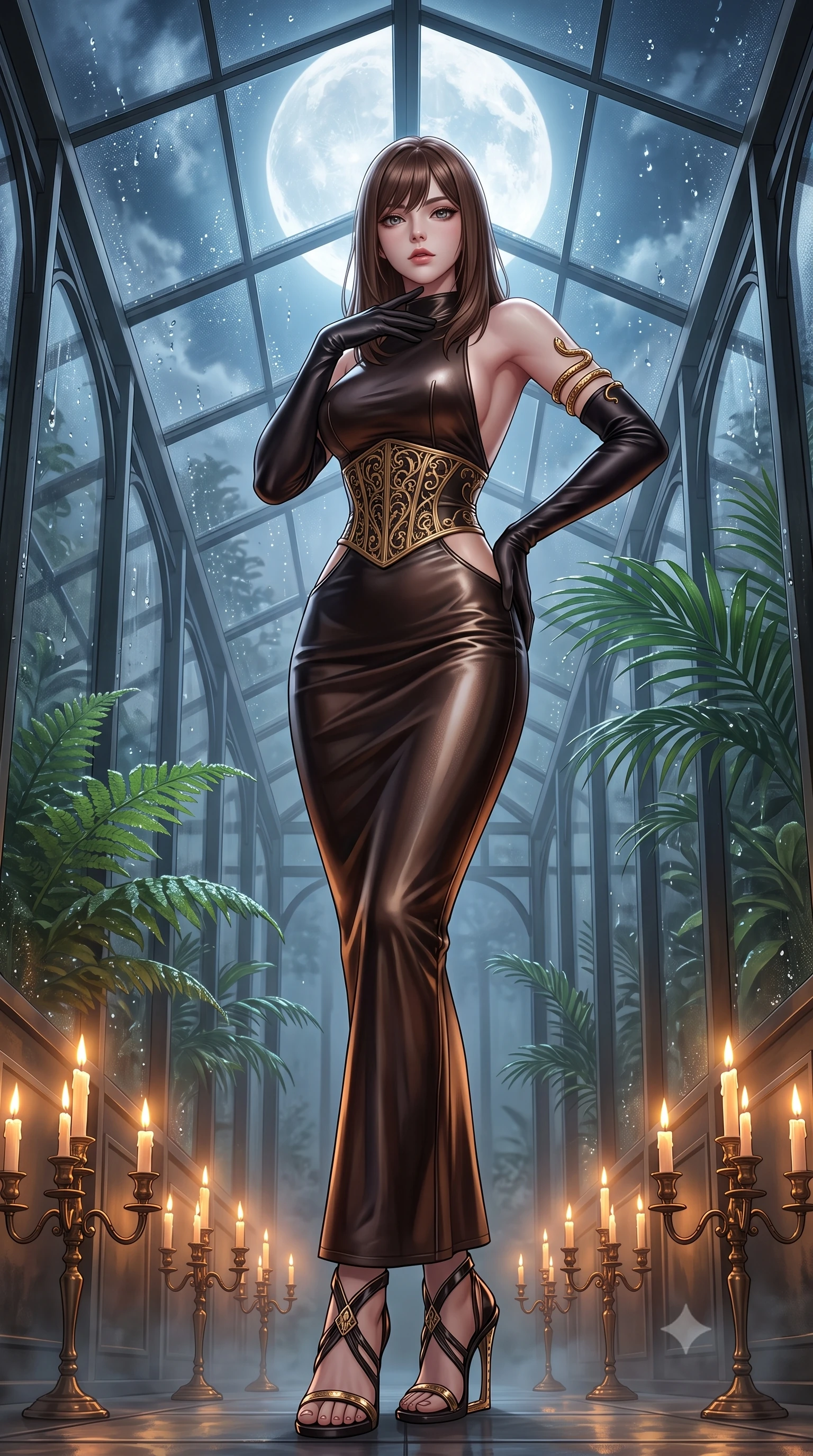 score_9, masterpiece, best quality, ultra-detailed, high-budget anime keyframe, semi-realistic 3D game render, editorial fashion photography, tasteful artistic composition, Korean woman. low angle full-body shot from head to toe showing her feet, filling the entire 9:16 vertical frame with her statuesque presence, stretching her vertical silhouette. leaning deep against the structural architecture with hips cocked in an unapologetically bold, seductive high-fashion stance while slipping through the misty glasshouse corridor with predatory grace, fingers lightly tracing her bare throat. The surrounding environment is rendered in vivid detail and crisp panoramic clarity. detailed moonlight reflections on glass panels, dew droplets on leaves, and antique candelabras in high clarity. She has an absolutely perfect, statuesque 8.5-heads proportion, an exceptionally tall and slender model-like female figure with impossibly long slender legs, a toned flat midriff, and an ultra-slim waist. sharp v-shaped jawline, high-bridge nose, intricate jewel-like eyes with depth, thick eyelashes, glossy parted lips with a natural sheen, intensely captivating and seductive expression, flawlessly proportioned anatomical accuracy, strict slender model proportions, natural body alignment, perfectly sculpted long slender limbs, ultra-slim waistline, clean dynamic posture without body distortion. wearing a sleek obsidian column dress with gold filigree waist cincher and plunging backline in shadowy espresso brown and molten bronze, crafted from supple second-skin lambskin leather with specular sheen, accessorized with opera-length black satin gloves and gold serpent armlet, the precision-cut daring openings accentuating her delicate midriff, graceful bare collarbones, and ultra-slim feminine waistline. bathed in cold lunar moonlight from above and warm flickering candle uplights from below. highly saturated vibrant anime colors, detailed shading with soft gradients, rich glossy textures, high-contrast stereoscopic depth, volumetric dynamic lighting, master piece, 9:16 ratio