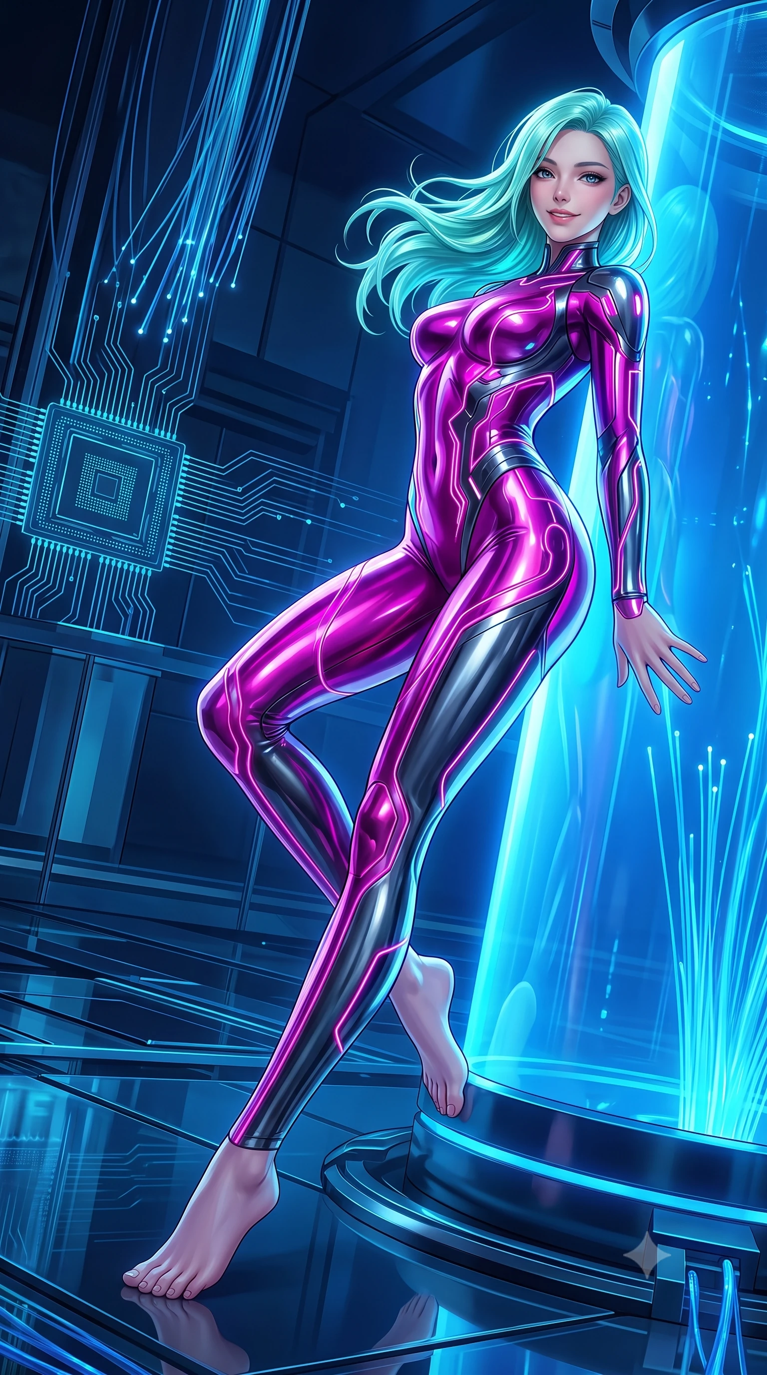 score_9, masterpiece, best quality, ultra-detailed, high-budget anime keyframe, semi-realistic 3D game render, editorial fashion photography, tasteful artistic composition, Japanese woman. low angle full-body shot from head to toe showing her feet, filling the entire 9:16 vertical frame with her statuesque presence, stretching her vertical silhouette. arching her spine in a fluid zero-gravity turn with sovereign grace, her long slender legs and sculpted torso creating a sweeping line while leaning against a glowing blue cryo-column with a wise, captivating smile looking directly into the camera. The surrounding environment is rendered in vivid detail and crisp panoramic clarity. intricate quantum processor circuit lines, sharp fiber-optic strand filaments, and glass platform reflections in deep focus. She has an absolutely perfect, statuesque 8.5-heads proportion, an exceptionally tall and slender model-like female figure with impossibly long slender legs, a toned flat midriff, and an ultra-slim waist. sharp v-shaped jawline, high-bridge nose, intricate jewel-like eyes with depth, thick eyelashes, glossy lips with a natural sheen, flawlessly proportioned anatomical accuracy, strict slender model proportions, natural body alignment, perfectly sculpted long slender limbs, ultra-slim waistline, clean dynamic posture without body distortion. wearing an aerodynamic sculpted liquid-chrome bodysuit with glowing neon fiber-optic circuitry and an elegant high-fashion cut in vibrant electric magenta and ultra-reflective dark titanium, made of liquid jersey fabric that clings flawlessly to every contour of her build, featuring a sleek aerodynamic collar framed by subtle glowing cybernetic accents, the liquid-tight tailored fabric emphasizing every curve of her tall, slender model proportions and sculptured silhouette during dynamic movement. bathed in glowing electric sapphire and cyan data stream illumination with rich ambient blue fill. rich saturated anime colors with glowing neon highlights, detailed shading with soft gradients, rich glossy textures, high-contrast stereoscopic depth, volumetric dynamic lighting, master piece, 9:16 ratio
