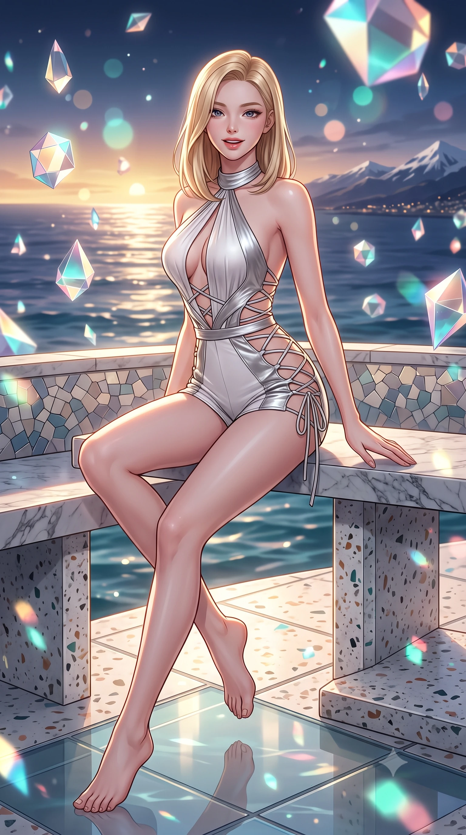 score_9, masterpiece, best quality, ultra-detailed, high-budget anime keyframe, editorial fashion photography, tasteful artistic composition, Korean woman. low angle full-body shot from head to toe showing her feet, filling the entire 9:16 vertical frame with her statuesque presence, stretching her vertical silhouette. walking along the terrace with poise, looking back over her bare shoulder with an irresistible smoldering bedroom-gaze while sitting perched gracefully on the polished terrazzo bench with legs crossed, flashing a radiant, playful smile with parted glossy lips. The background shows a soft-focus thousands of multi-faceted geometric glass prisms reflecting harbor water ripples, midnight sun golden horizon, and distant snow peaks blurred into champagne, cyan, and rose bokeh. She has an exceptionally tall and slender model-like 8.5-heads proportion, an ultra-slim waist, a flat toned midriff, narrow delicate ribcage, and beautifully sculpted feminine hips creating a graceful, slim hourglass silhouette without any bulky heaviness, with impossibly long slender legs. sharp v-shaped jawline, high-bridge nose, intricate jewel-like sparkling eyes with depth, thick eyelashes, glossy parted lips with a natural peach sheen, bright cheerful beaming smile with an enchanting and coquettish sensual glint, exuding both youthful cute charm and seductive allure, flawlessly proportioned anatomical accuracy, strict slender model proportions, natural body alignment, perfectly sculpted long slender limbs, ultra-slim waistline, clean dynamic posture without body distortion. wearing a daring low-cut halterneck romper with exposed midriff and strappy hip cutouts in pure translucent crystal white and liquid platinum, woven from buttery-soft stretch lambskin leather adhering to her body like a second skin, featuring fine criss-cross lace-up side ties revealing tantalizing glimpses of her hip curve, the precision-cut side openings and low-back scoop framing her graceful spine and the sensual sweep of her slim, toned hips. illuminated by glass floor reflection bounce and sharp prism-rainbow rim lights defining her razor-sharp jawline, narrow waist, and curvy hips. ultra-reflective glossy finish, specular highlights, rich textural contrasts, high-contrast stereoscopic depth, volumetric dynamic lighting, 2k, ultra detail, master piece, 9:16 ratio