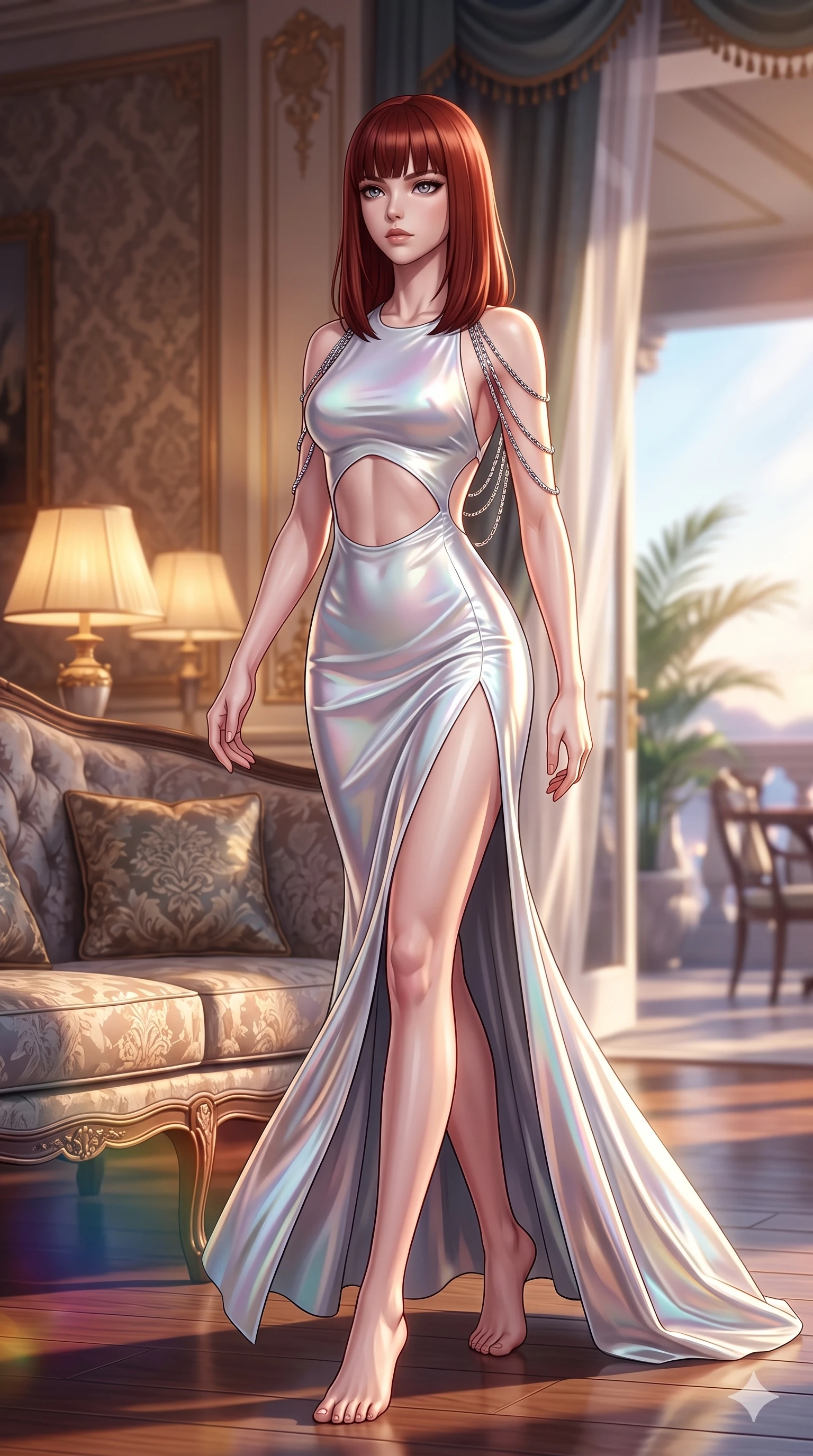 score_9, masterpiece, best quality, ultra-detailed, high-budget anime keyframe, semi-realistic 3D game render, editorial fashion photography, tasteful artistic composition, Caucasian woman. low angle full-body shot from head to toe showing her feet, filling the entire 9:16 vertical frame with her statuesque presence, stretching her vertical silhouette. striding across the penthouse terrace as river breezes whip her high-slit dress open, accentuating her long slender legs and curvy hips while twisting her slender torso in an alluring contrapposto stance beside the settee, antique silk embroidery reflections tracing her narrow waist and curvy hips. The background shows a soft-focus vintage aristocratic salon atmosphere softened in damask salon shallow focus. She has an exceptionally tall and slender model-like 8.5-heads proportion, an ultra-slim waist, a flat toned midriff, narrow delicate ribcage, and beautifully sculpted feminine hips creating a graceful, slim hourglass silhouette without any bulky heaviness, with impossibly long slender legs. sharp v-shaped jawline, high-bridge nose, intricate jewel-like sparkling eyes with depth, thick eyelashes, glossy parted lips with a natural sheen, intensely captivating and seductive bedroom-eyes expression, exuding both youthful cute charm and sovereign luxury allure, flawlessly proportioned anatomical accuracy, strict slender model proportions, natural body alignment, perfectly sculpted long slender limbs, ultra-slim waistline, clean dynamic posture without body distortion. wearing a sculptured liquid-satin mermaid gown with an architectural open-waist cutout and bare spine in iridescent mother-of-pearl and liquid molten silver, crafted from bespoke double-faced cashmere with an exceptionally soft tactile finish, accented with an open-back drape framed by falling strands of delicate chrome chains, the glove-like clinging cut tightly following the natural contour of her hips and long slender legs with youthful 8.5-heads elegance. bathed in the soft, intimate warm 2700K ambient light of silk-shaded table lamps mixed with angled window sunbeams. highly saturated vibrant anime colors, detailed shading with soft gradients, rich glossy textures, high-contrast stereoscopic depth, volumetric dynamic lighting, master piece, 9:16 ratio