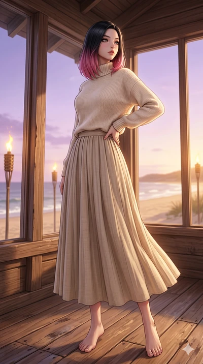 score_9, masterpiece, best quality, ultra-detailed, high-budget anime keyframe, editorial fashion photography, tasteful artistic composition, Korean woman. low angle full-body shot from head to toe showing her feet, filling the entire 9:16 vertical f