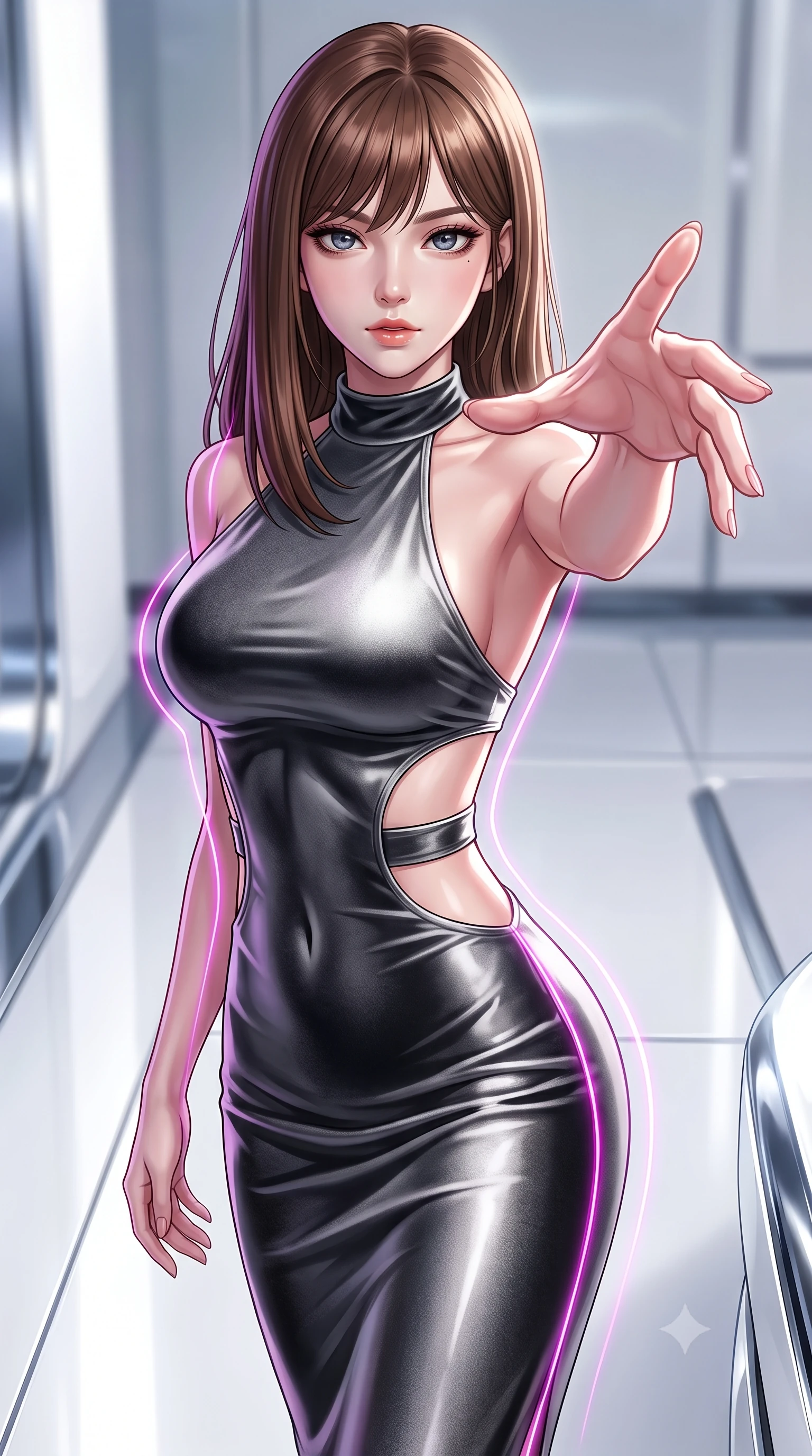 score_9, masterpiece, best quality, ultra-detailed, high-budget anime keyframe, editorial fashion photography, tasteful artistic composition, Korean woman. close-up cowboy shot from the waist and thighs up, the character dominates the composition, filling the frame with her large presence, background elements kept in soft focus. Reaching her hand gracefully toward the camera with magnetic allure, her torso turning in a dynamic S-curve alignment while pivoting in a mid-stride turn as neon magenta laser lines trace her statuesque curves, sleek reflective white and chrome surfaces emphasizing ultra-clean lines. She has an exceptionally elegant, slender, and willowy female figure with an ultra-slim waist, a gracefully sculpted slender torso, and a refined silhouette. sharp v-shaped jawline, high-bridge nose, intricate jewel-like eyes with depth, thick eyelashes, glossy lips with a natural sheen, flawlessly proportioned anatomical accuracy, natural body alignment, perfectly sculpted elegant limbs, clean dynamic posture without body distortion. wearing a velvet halter-neck midi dress following her form like a glove in charcoal grey and platinum, made of premium stretch velvet with a rich sheen, featuring clean architectural cutouts along her slender torso, the sleek second-skin texture accentuating her magnetic presence. surrounded by a crisp high-tech illumination with high specular contrast. highly saturated vibrant anime colors, detailed shading with soft gradients, rich glossy textures, high-contrast stereoscopic depth, volumetric dynamic lighting, master piece, 9:16 ratio