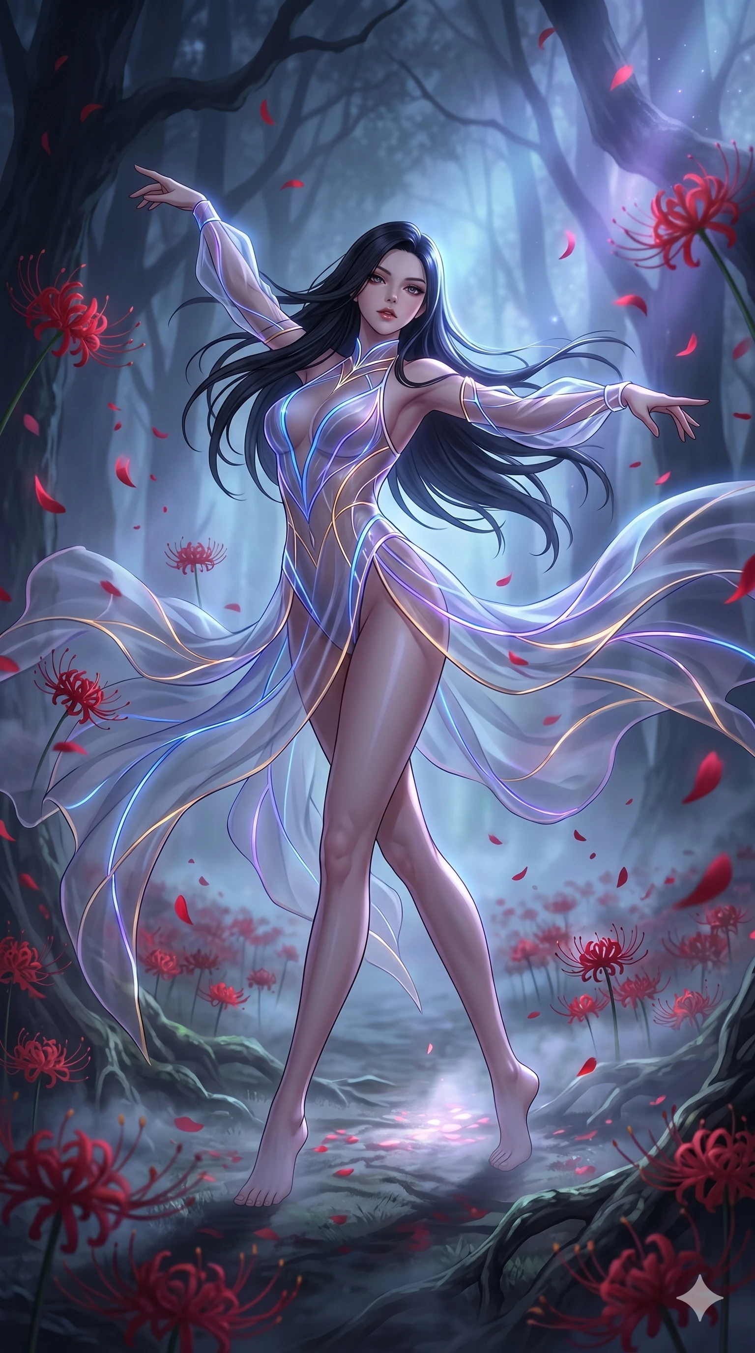 score_9, masterpiece, best quality, ultra-detailed, High-budget Anime Keyframe, East Asian woman. Low angle cowboy shot filling the entire 9:16 frame with her statuesque presence. Scenario 65: Dancing amidst falling red spider lilies in a misty dark forest. Her presence is magnetic and overpowering in this high-budget anime scene. Outfit 65: A sheer organza bare with a high-cut leg line and glowing LED seams. The clothing is designed to emphasize her exceptionally tall and slender 8-heads proportion. 8-heads proportion, towering silhouette, ultra-slim waist. sharp v-shaped jawline, intricate jewel-like eyes with depth, thick eyelashes, glossy lips. 2k, ultra detail, master piece, 9:16 ratio