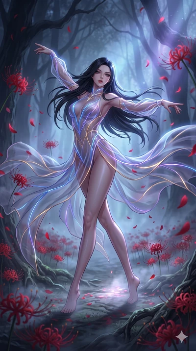 score_9, masterpiece, best quality, ultra-detailed, High-budget Anime Keyframe, East Asian woman. Low angle cowboy shot filling the entire 9:16 frame with her statuesque presence. Scenario 65: Dancing amidst falling red spider lilies in a misty dark 