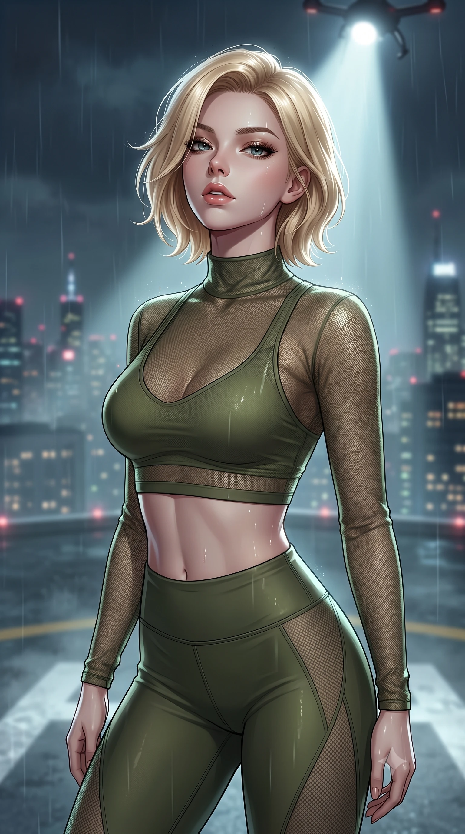 score_9, masterpiece, best quality, ultra-detailed, high-budget anime keyframe, editorial fashion photography, tasteful artistic composition, Caucasian woman. close-up cowboy shot from the waist and thighs up, the character dominates the composition, filling the frame with her large presence, background elements kept in soft focus. tilting her chin up slightly with lips parted in a composed, provocative expression the background shows a soft-focus a misty rooftop helipad overlooking a neon-grid skyline during a midnight drizzle. She has an exceptionally elegant, slender, and willowy female figure with an ultra-slim waist, a gracefully sculpted slender torso, and a refined silhouette. sharp v-shaped jawline, high-bridge nose, intricate jewel-like eyes with depth, thick eyelashes, glossy lips with a natural sheen. wearing a form-contouring sheer mesh long-sleeve crop top in olive green, worn over a matching sports bra and leggings. volumetric spotlight from a hovering search drone casting dramatic shadows. ultra-reflective glossy finish, specular highlights, metallic sheen, high-contrast stereoscopic depth, volumetric dynamic lighting, 2k, ultra detail, master piece, 9:16 ratio