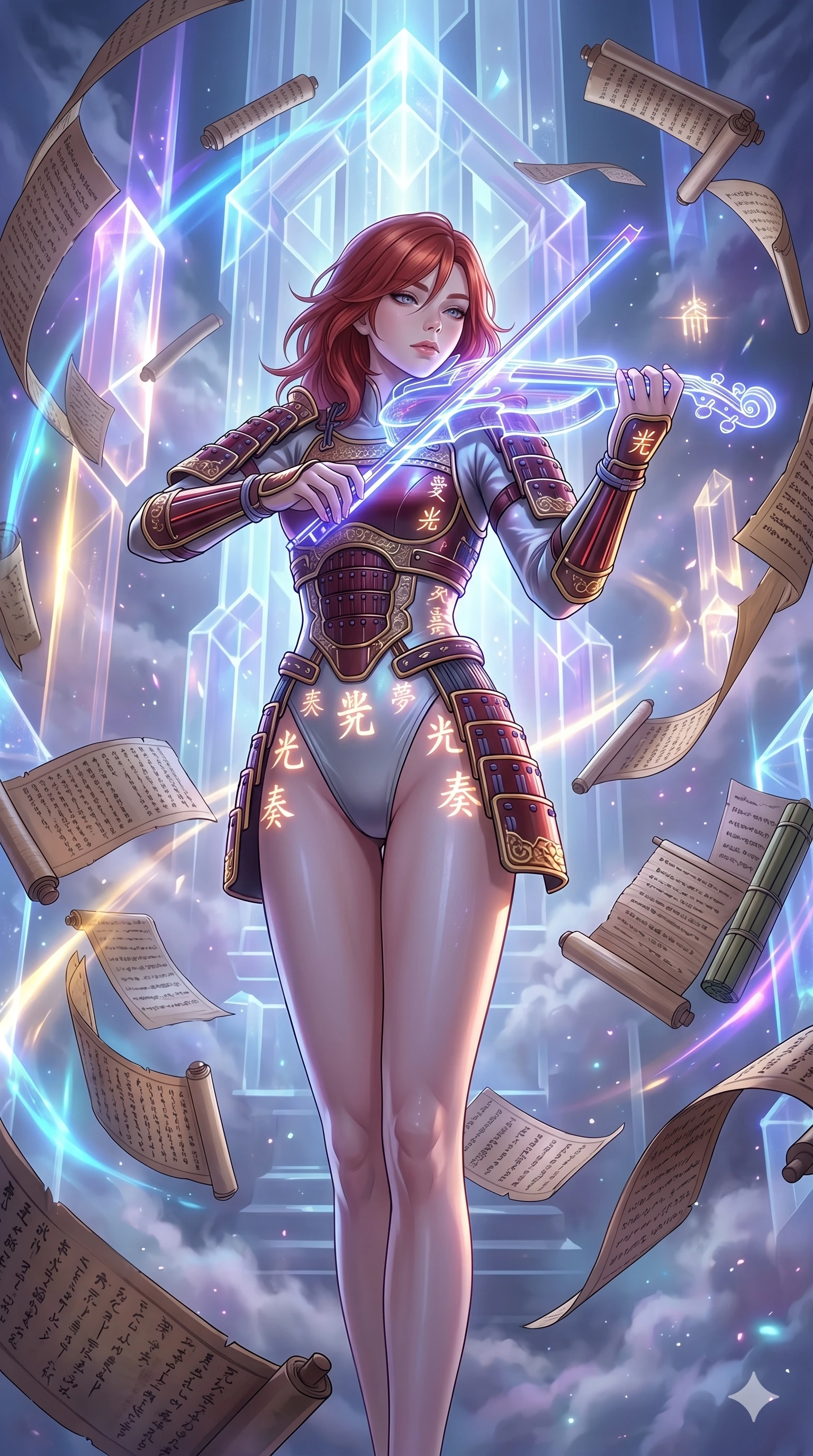 score_9, masterpiece, best quality, ultra-detailed, Set A: High-budget Anime Keyframe, Caucasian (human ears) woman. Low angle cowboy shot filling the entire 9:16 frame with her statuesque presence. Theme: Ethereal Dream. playing a holographic violin in a temple made of solid light, surrounded by a whirlwind of 93 floating ancient scrolls. The atmosphere is filled with heavy smog with neon flares. She has an absolutely perfect 8-heads proportion, an exceptionally tall and slender female figure with impossibly long slender legs and an ultra-slim waist. Sharp v-shaped jawline, high-bridge nose, intricate jewel-like eyes with depth, glossy lips. Wearing Modernized samurai armor over a high-cut silk leotard with glowing energy kanji. Cinematic lighting, vivid colors, dramatic shadows, 2k, ultra detail, master piece, 9:16 ratio