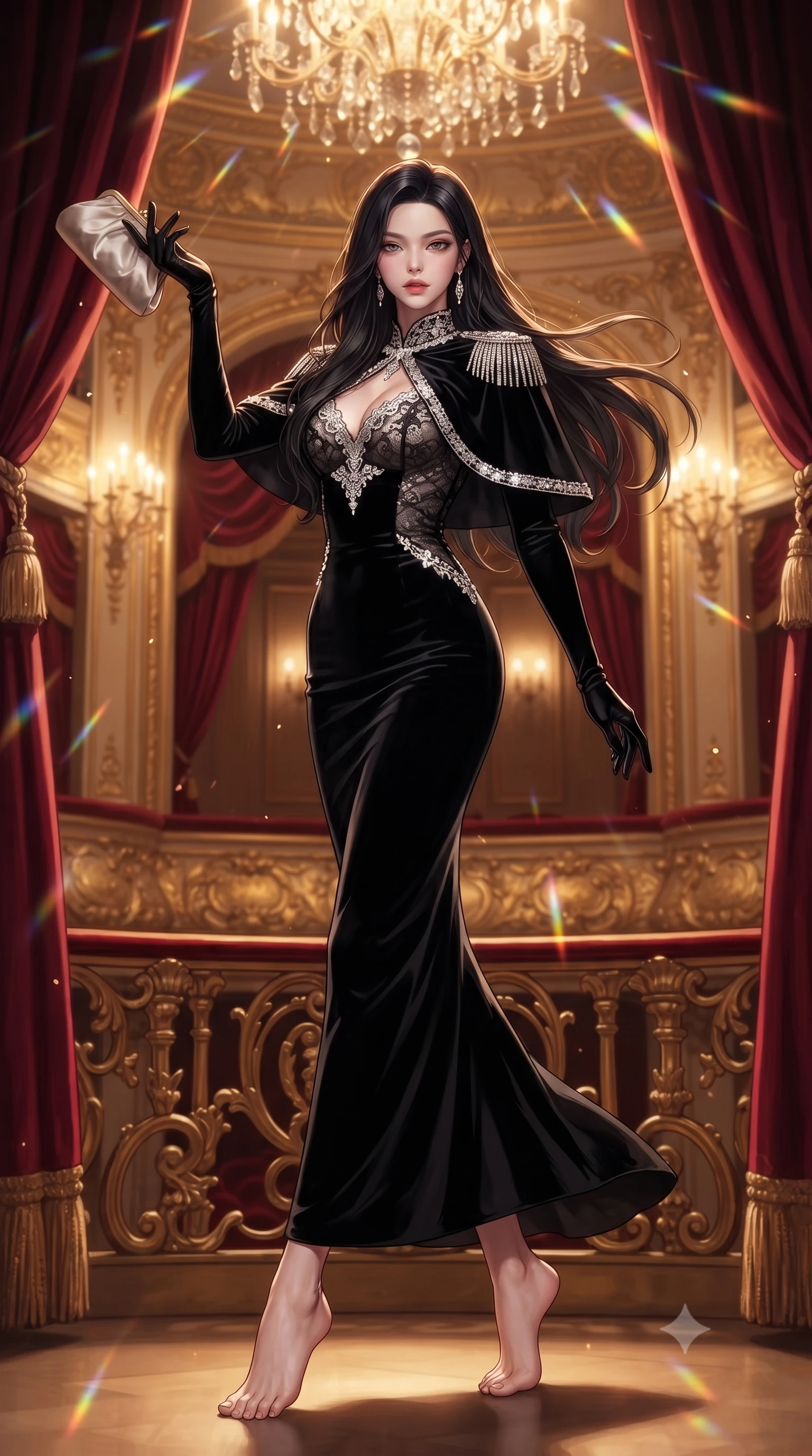 score_9, masterpiece, best quality, ultra-detailed, high-budget anime keyframe, editorial fashion photography, tasteful artistic composition, Korean woman. low angle full-body shot from head to toe showing her feet, filling the entire 9:16 vertical frame with her statuesque presence, stretching her vertical silhouette. landing lightly on the balls of her feet in a balanced kinetic stance, eyes locked onto the camera with fearless allure while pivoting gracefully against ornate gold-leaf balustrades as plush crimson velvet curtains frame her statuesque silhouette. The composition keeps background elements in soft focus with creamy bokeh. shimmering chandelier prism refractions scattering warm champagne light motes across the royal theater. She has an absolutely perfect, statuesque 8.5-heads proportion, an exceptionally tall and slender model-like female figure with impossibly long slender legs, a toned flat midriff, and an ultra-slim waist. sharp v-shaped jawline, high-bridge nose, intricate jewel-like eyes with depth, thick eyelashes, glossy lips with a natural sheen, captivating and magnetic expression, flawlessly proportioned anatomical accuracy, strict slender model proportions, natural body alignment, perfectly sculpted long slender limbs, ultra-slim waistline, clean dynamic posture without body distortion. wearing a modern royal capelet gown with platinum shoulder epaulets and a slender column skirt in high-contrast black velvet and diamond crystal trim, formed from shimmering French lace over smooth silk lining, accessorized with a sparkling tiara headband and delicate satin clutch, the glove-like aerodynamic second-skin fit tightly clinging to her ultra-slender waist and athletic curves without adding bulk, accentuating her razor-sharp statuesque lines and slim hourglass silhouette. bathed in opulent golden chandelier illumination and rich ambient amber warmth. ultra-reflective glossy finish, specular highlights, rich textural contrasts, high-contrast stereoscopic depth, volumetric dynamic lighting, 2k, ultra detail, master piece, 9:16 ratio