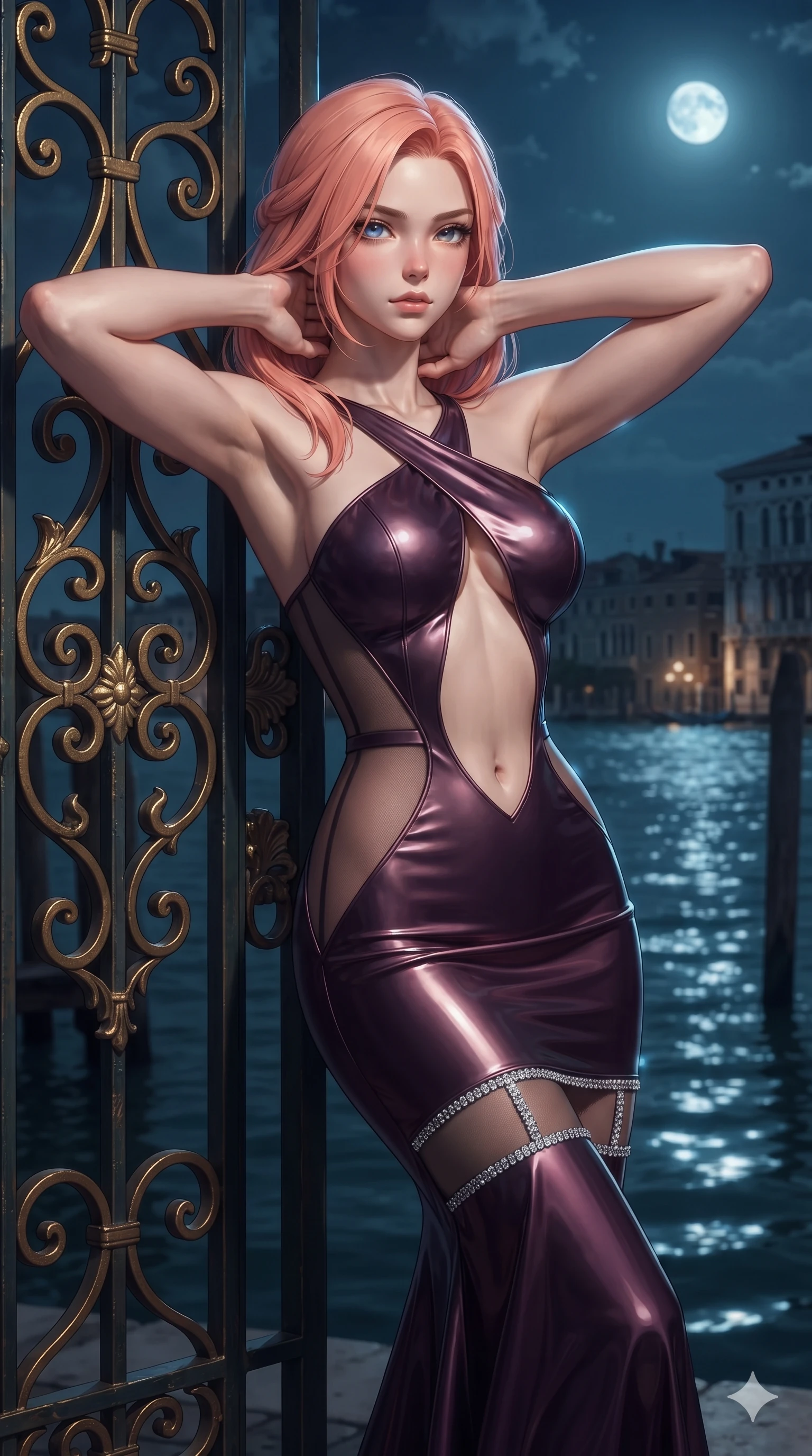 score_9, masterpiece, best quality, ultra-detailed, high-budget anime keyframe, editorial fashion photography, tasteful artistic composition, Japanese woman. close-up cowboy shot from the waist and thighs up, the character dominates the composition, filling the frame with her large presence. resting both hands lightly behind her neck with elbows raised, arching her spine to highlight her narrow waist, flat midriff, and breathtaking collarbones while leaning against the ornate gilded wrought-iron gate with hips cocked back, looking out over the moonlit lagoon with intoxicating bedroom-eyes. The surrounding environment is rendered in vivid detail and crisp panoramic clarity: detailed dress tailoring, liquid-tight fit, and ancient Venetian engineering in razor-sharp precision. She has an exceptionally elegant, slender, and willowy female figure with an ultra-slim waist, flat toned midriff, narrow ribcage, and sculpted feminine hips creating an alluring, slim hourglass silhouette without bulk. sharp v-shaped jawline, high-bridge nose, intricate jewel-like eyes with depth, thick eyelashes, glossy parted lips with a natural sheen, intensely captivating and seductive bedroom-eyes expression, flawlessly proportioned anatomical accuracy, strict slender model proportions, natural body alignment, perfectly sculpted long slender limbs, ultra-slim waistline, clean dynamic posture without body distortion. wearing a sculptured liquid-satin mermaid gown with an architectural open-waist cutout and bare spine descending to the tailbone in deep plum violet and antique bronze, featuring strategic sheer-illusion tulle side panels framing her ribcage and hips, finished with delicate crystal-encrusted thigh garter straps glinting in the dim light, the glove-like clinging cut tightly following the natural contour of her hips and long slender legs with youthful 8.5-heads elegance. illuminated by water reflection bounce and sharp cyan-amber rim lights defining her jawline, narrow waist, and curvy hips. ultra-reflective glossy finish, specular highlights, rich textural contrasts, high-contrast stereoscopic depth, volumetric dynamic lighting, 2k, ultra detail, master piece, 9:16 ratio